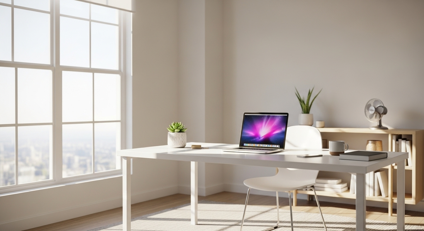 Không gian làm việc sáng, thoáng đãng với bàn trắng tối giản cạnh cửa sổ lớn đón ánh sáng tự nhiên. Bố cục lý tưởng này giúp tránh các kiêng kỵ khi bố trí bàn làm việc theo phong thủy.