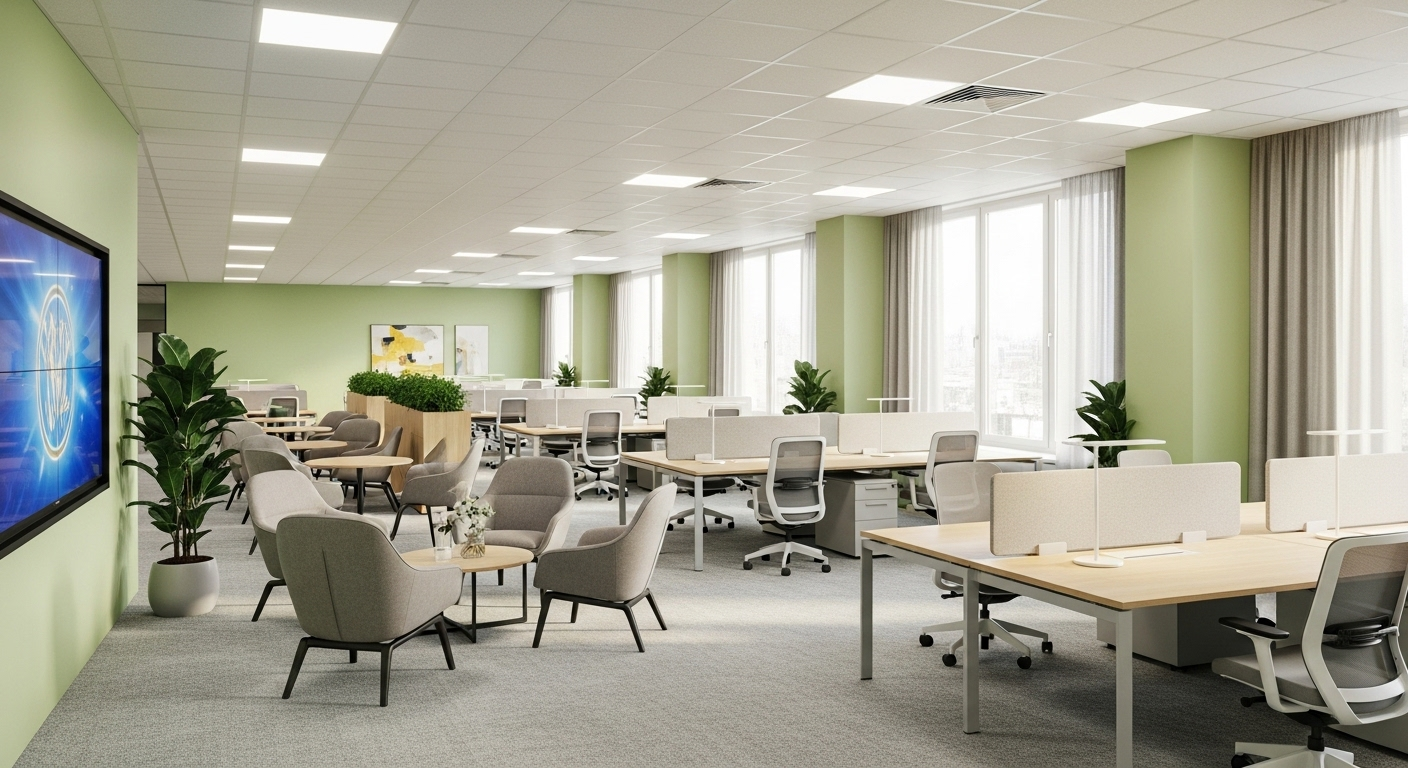 Nội thất văn phòng hiện đại, rộng rãi với tường xanh lá nhạt dịu mát, ánh sáng tự nhiên và nhân tạo cân bằng, thiết kế tối ưu cho phong thủy văn phòng.