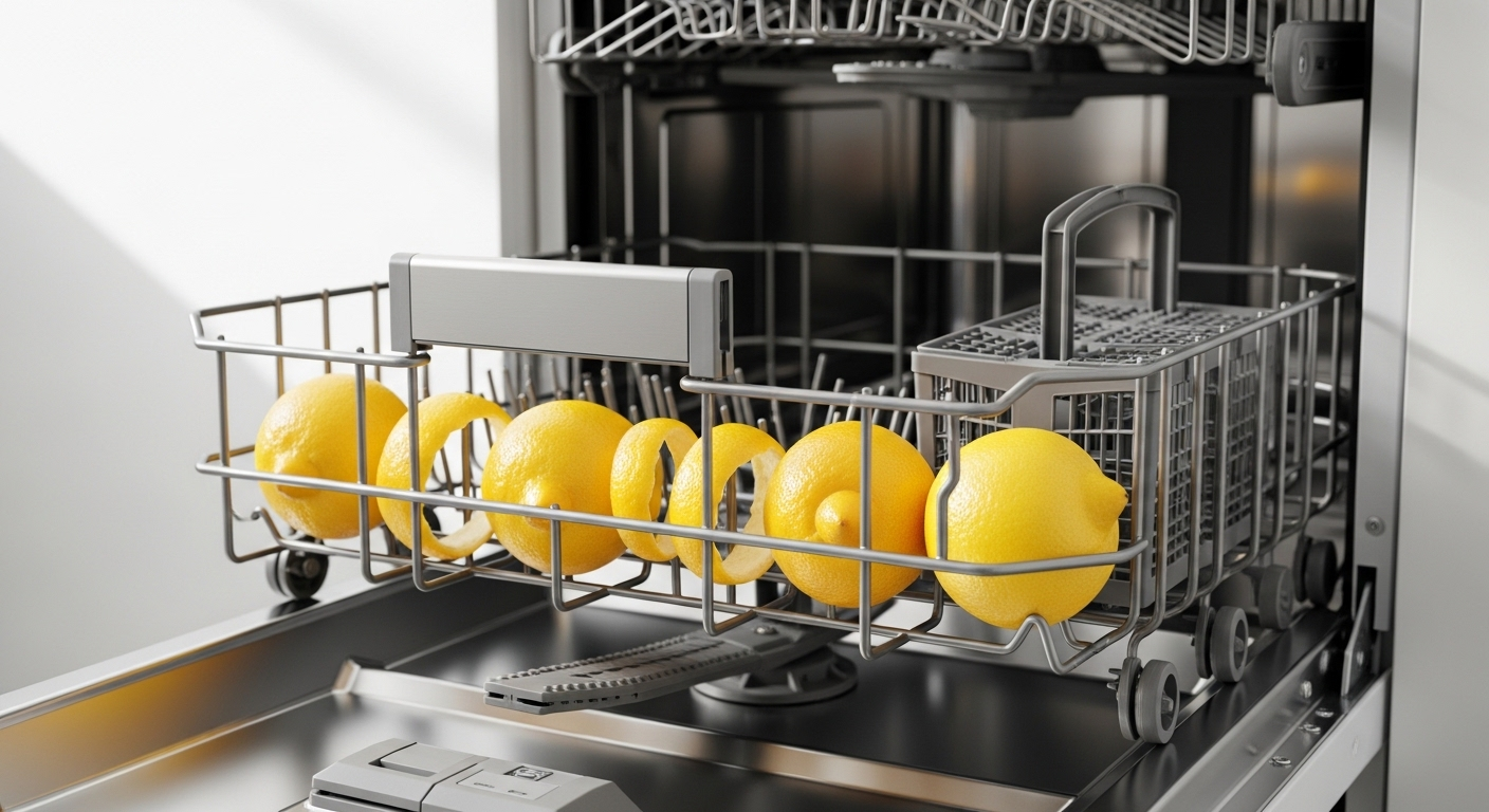 Máy rửa chén mở sạch bóng với vỏ chanh vàng tươi trong giỏ, dùng để vệ sinh máy rửa chén tự nhiên.