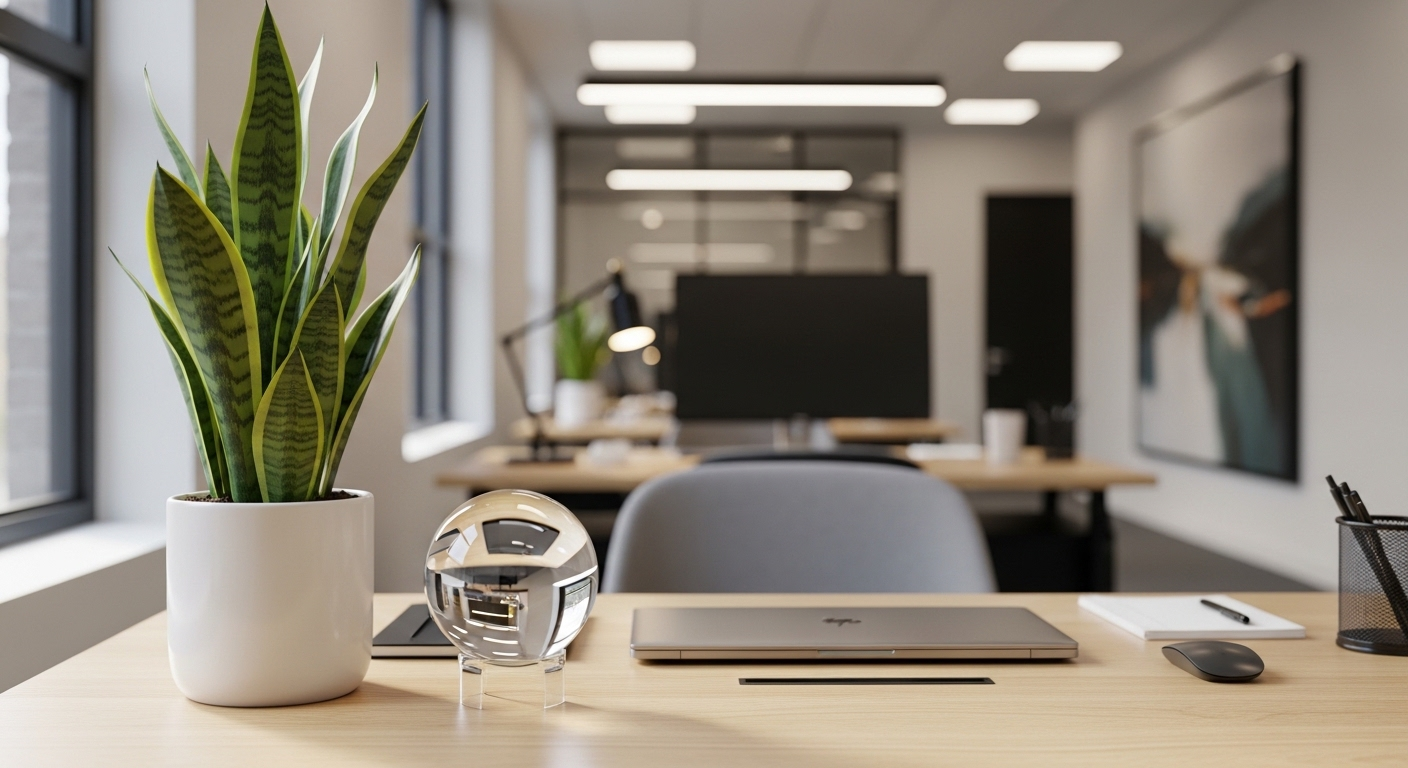 Bàn làm việc hiện đại, sạch sẽ với cây lưỡi hổ khỏe mạnh và quả cầu pha lê, minh họa cách bài trí bàn làm việc theo phong thủy để tăng cường năng lượng tích cực.