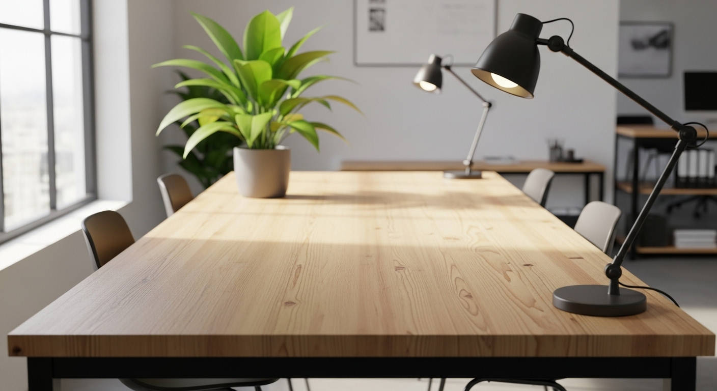 Bàn làm việc gỗ dài vân tự nhiên, với cây xanh và đèn hiện đại, thiết kế tạo nên phong thủy phòng làm việc lý tưởng cho không gian tĩnh tâm và hiệu quả.