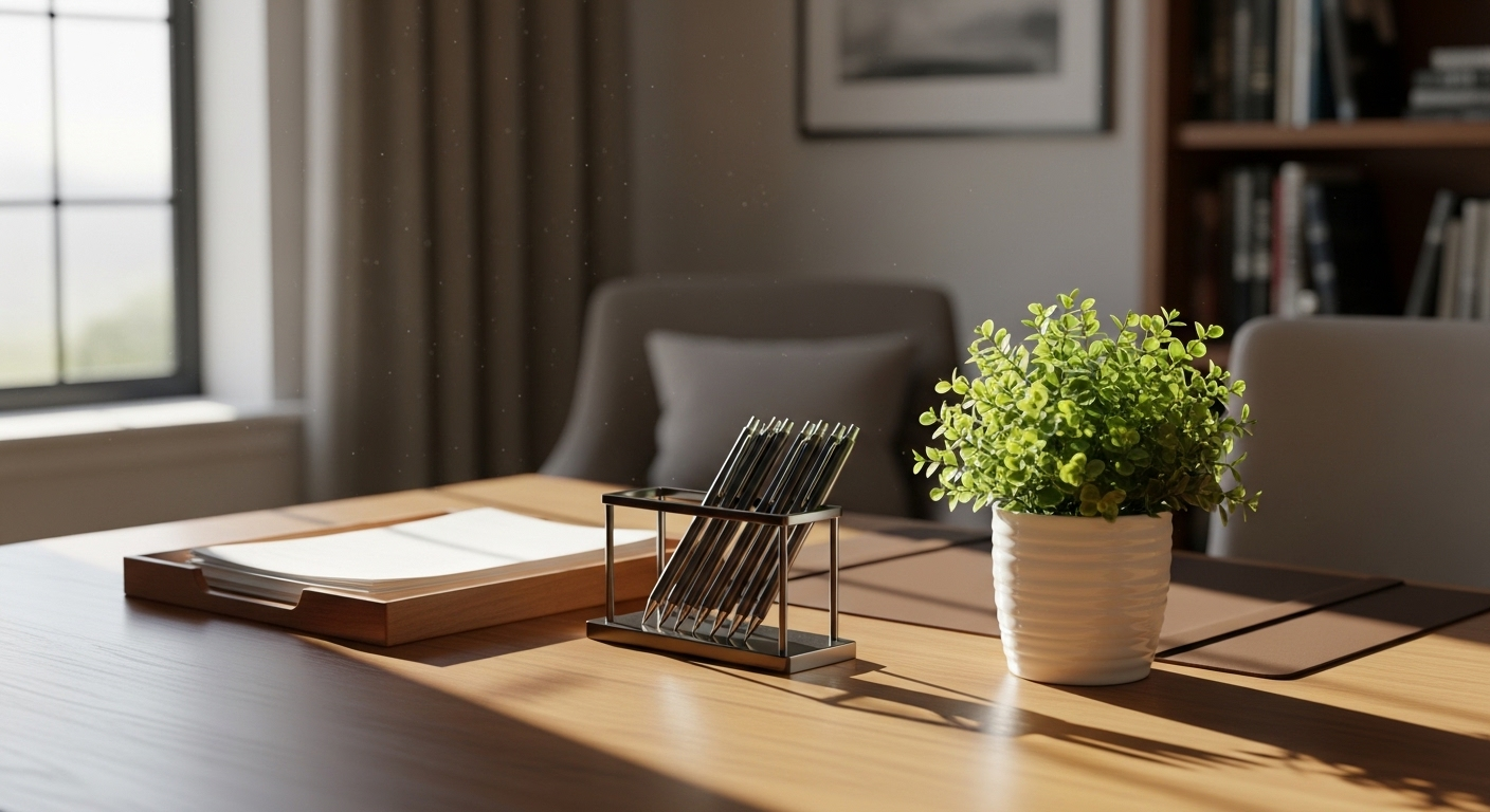 Bàn làm việc gỗ trong văn phòng tại nhà gọn gàng, ngăn nắp, với cây xanh và ánh sáng tự nhiên. Một không gian làm việc lý tưởng, tối ưu theo phong thủy bàn làm việc theo từng tuổi.