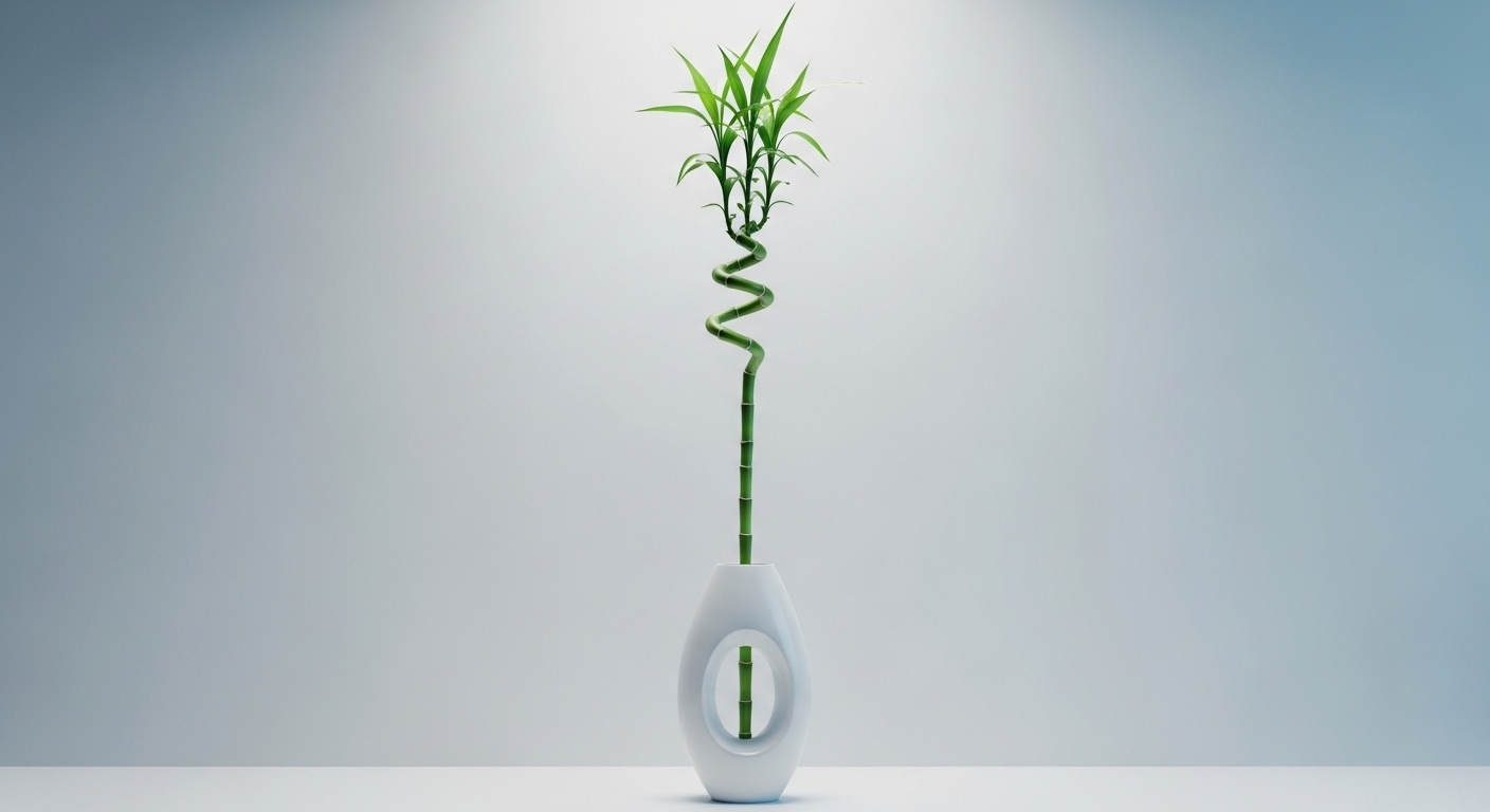 Chậu trúc phú quý (Lucky Bamboo) cao, thân xanh xoắn nhẹ đầy sức sống trong bình gốm tối giản hiện đại, đặt trên nền tường sáng dịu. Đây là một cây phong thủy mang lại vận may 2026 lý tưởng để thu hút tài lộc.