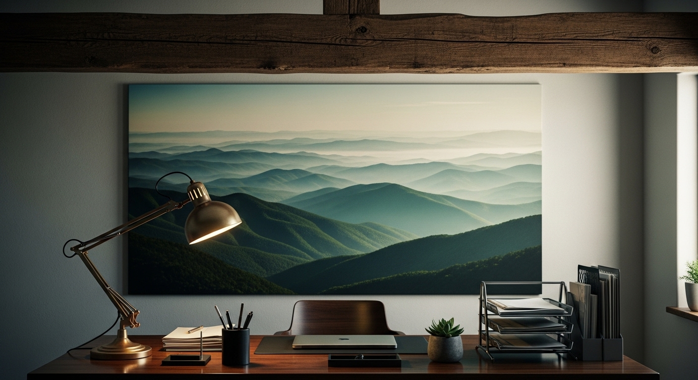 Bàn làm việc gọn gàng đặt dưới dầm trần, phía sau là tranh phong cảnh núi xanh tạo cảm giác yên bình. Đèn bàn ánh sáng ấm áp chiếu rọi, tạo ra một hướng ngồi làm việc lý tưởng và tập trung.