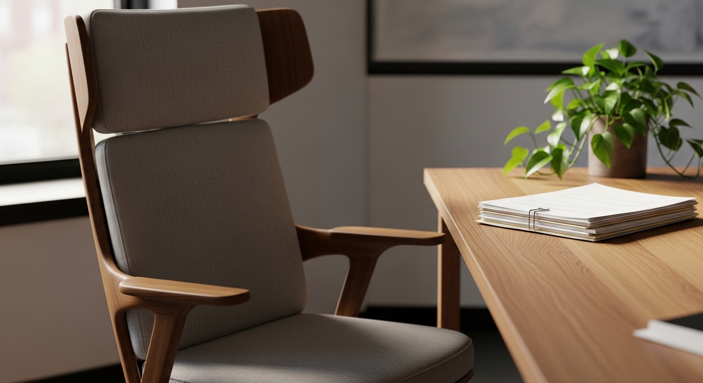 Ghế gỗ lưng cao thoải mái và bàn làm việc tối giản với cây trầu bà xanh tươi, tạo không gian làm việc lý tưởng theo phong thủy bàn làm việc văn phòng tuổi Ất Hợi.