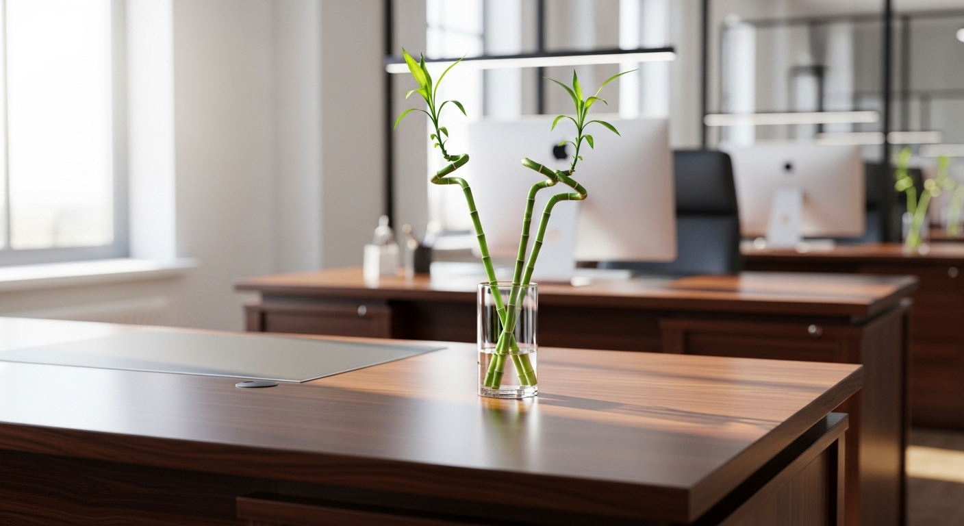 Bàn làm việc gỗ tối màu, rộng rãi, đủ ánh sáng tự nhiên, với bình tre cảnh tượng trưng cho phong thủy bàn làm việc hài hòa và thịnh vượng.