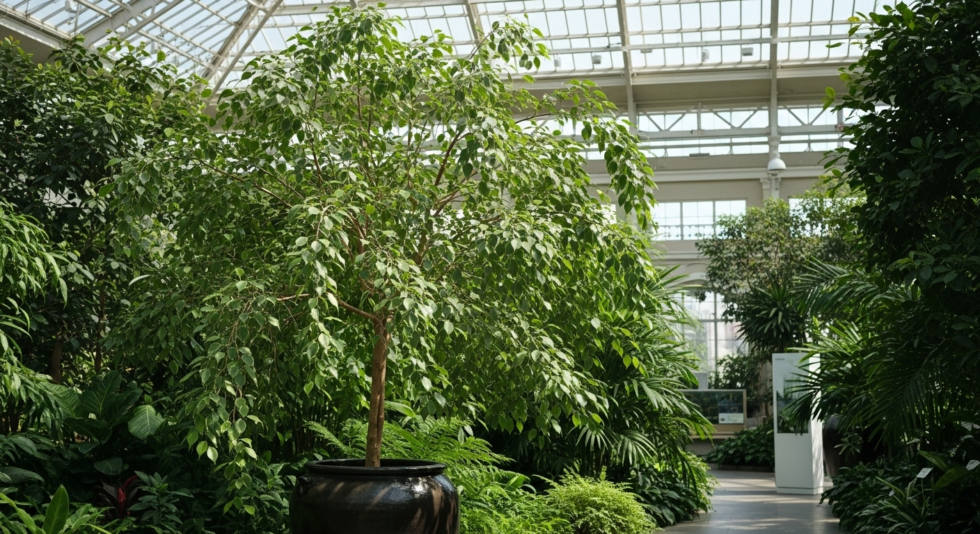 Cây Ficus benjamina cao lớn với tán lá xanh rủ xuống trong chậu gốm tại sảnh vườn bách thảo đầy nắng, một ví dụ về cây không nên trồng trong nhà nếu không gian hạn chế và thiếu ánh sáng tự nhiên.