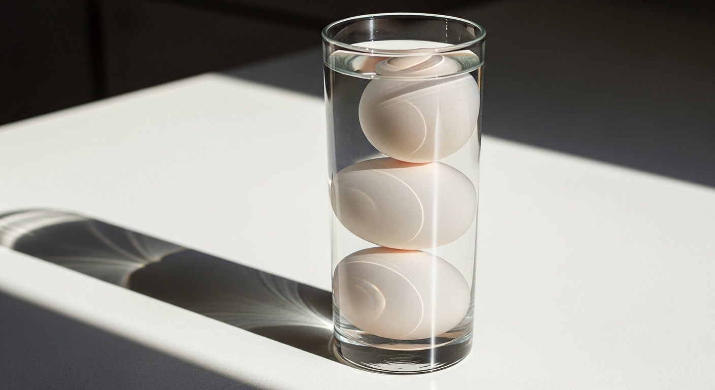 Ba quả trứng trong ly nước trên quầy bếp trắng, minh họa cách kiểm tra độ tươi của trứng qua vị trí chìm nổi.