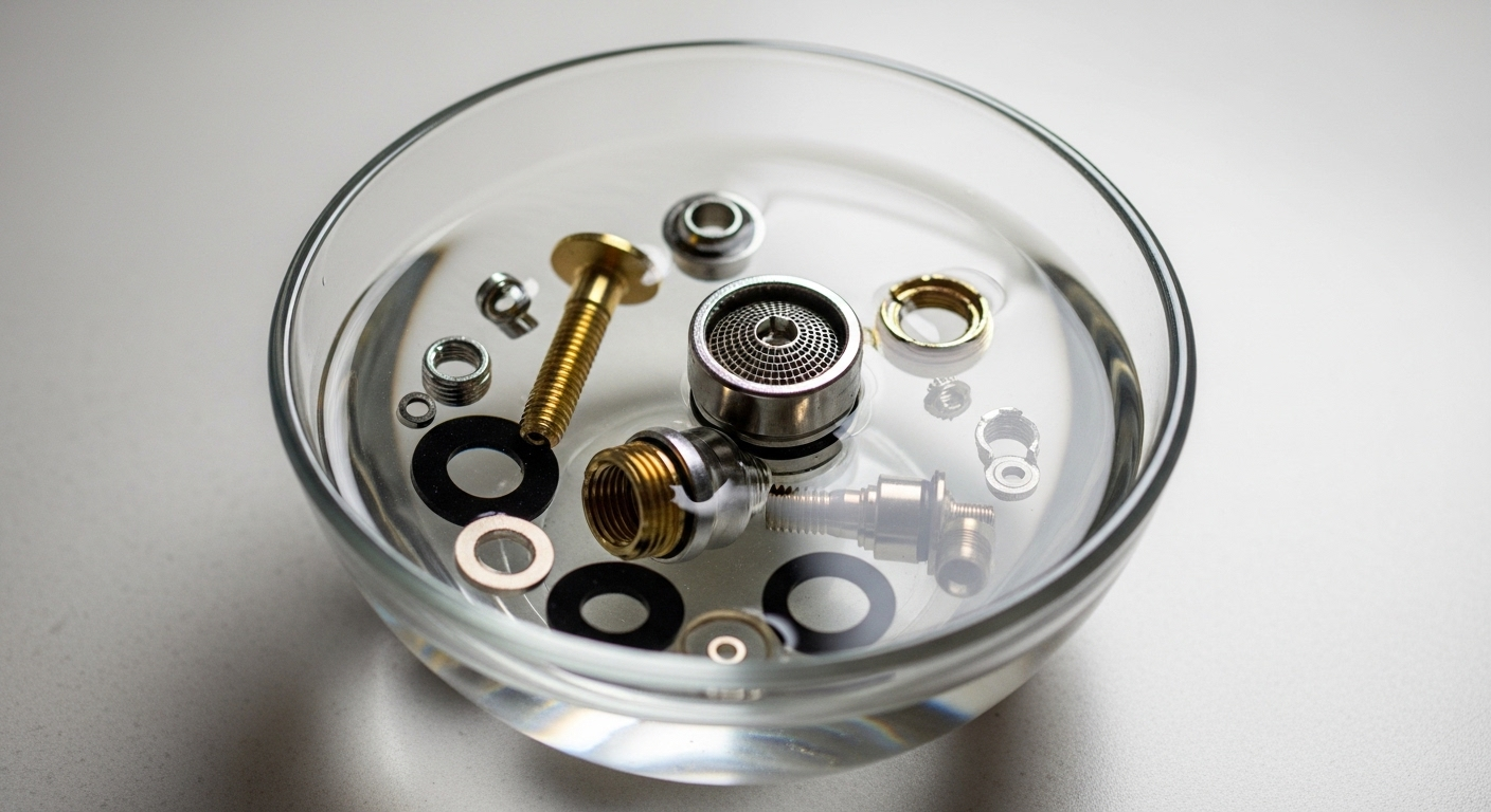 Linh kiện vòi nước tháo rời (đầu lọc, vòng đệm) ngâm trong dung dịch làm sạch trong bát thủy tinh, minh họa cách tẩy cặn canxi trên vòi nước hiệu quả. Linh kiện vòi nước tháo rời (đầu lọc, vòng đệm) ngâm trong dung dịch làm sạch trong bát thủy tinh, minh họa cách tẩy cặn canxi trên vòi nước hiệu quả.