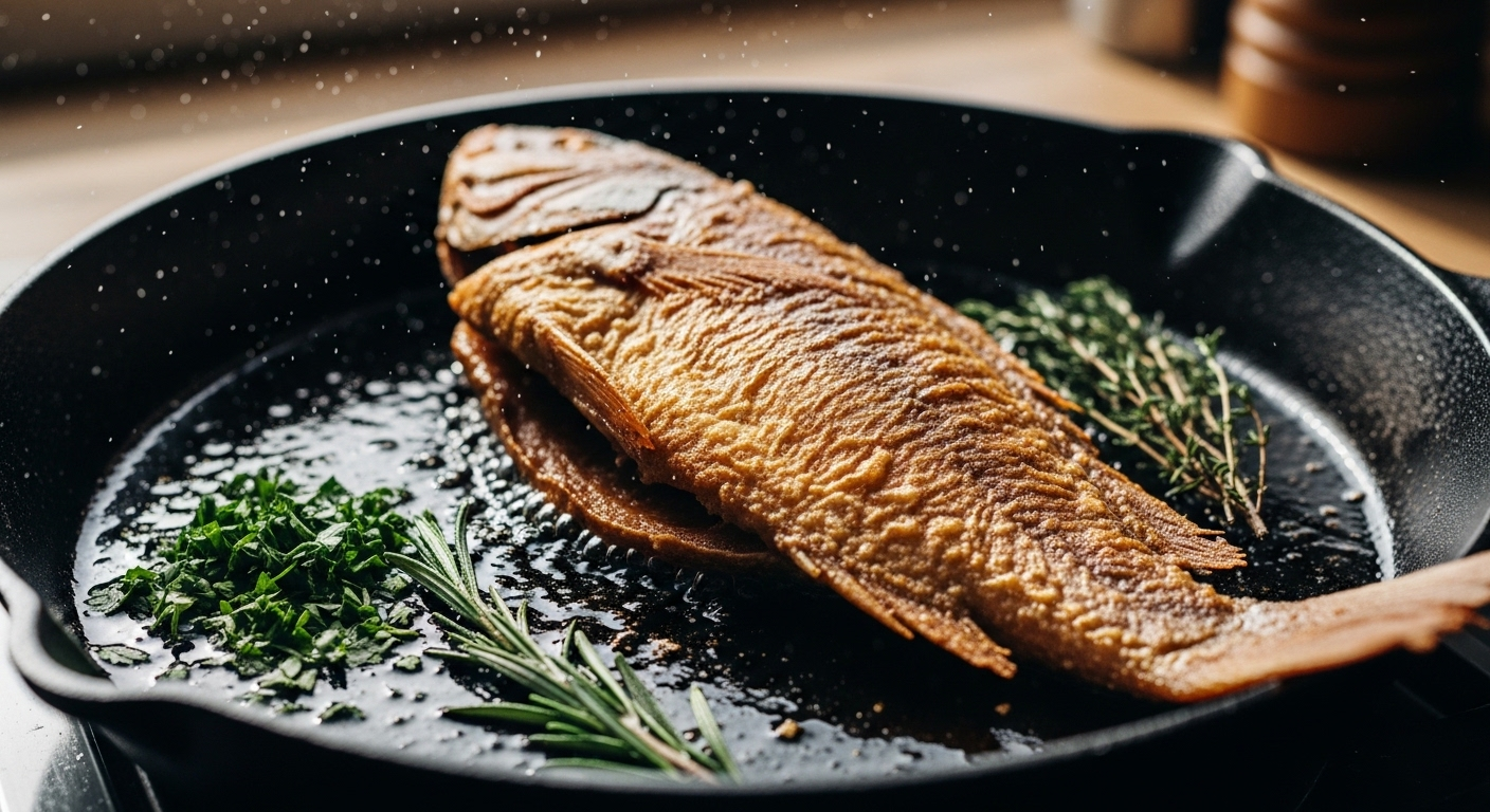 Cá chiên vàng ươm nguyên con trong chảo nóng, điểm rau thơm xanh mướt. Mẹo vặt cho người nội trợ để có món cá chiên giòn ngon hoàn hảo.