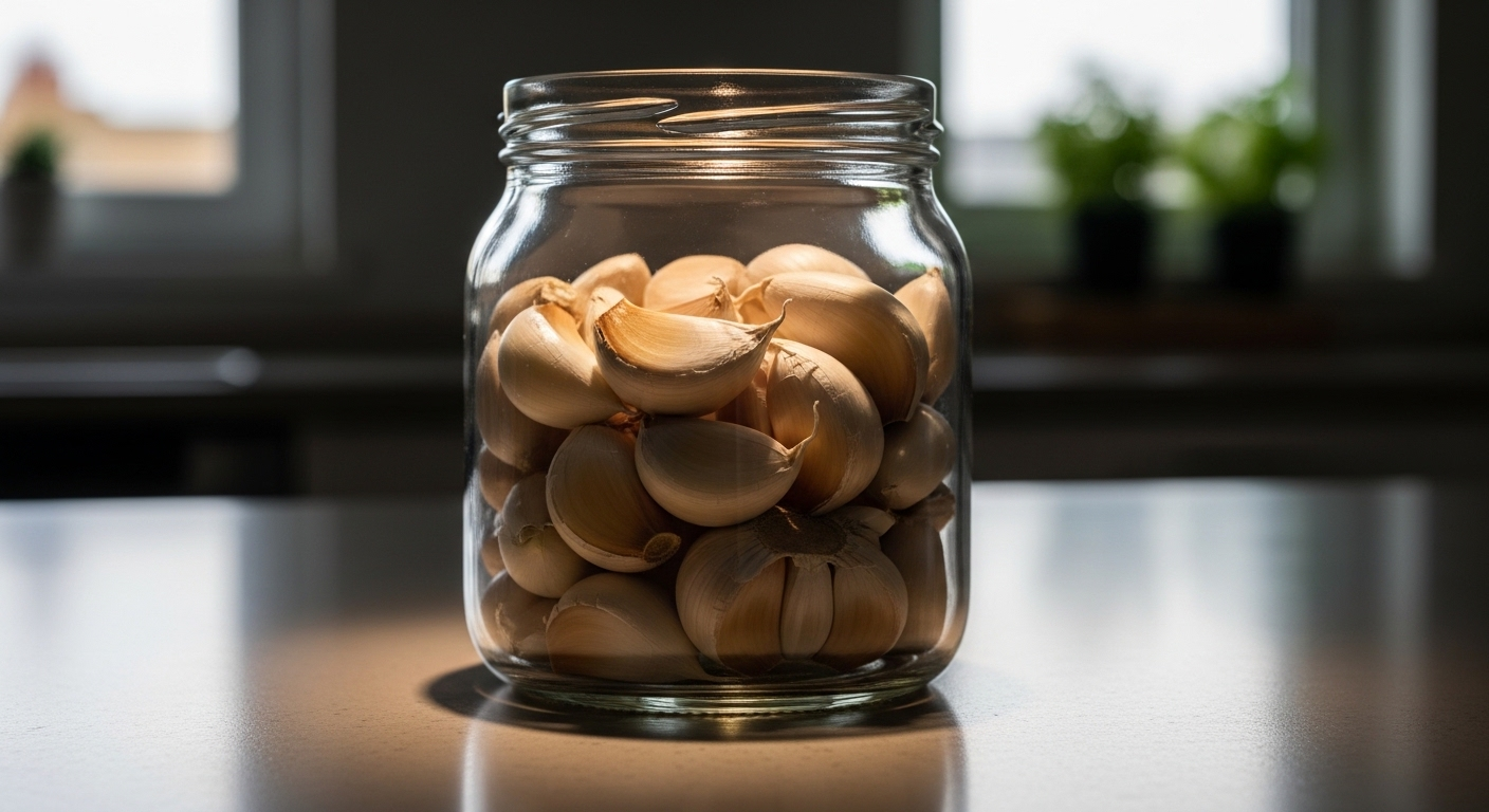Lọ thủy tinh chứa tỏi tép chưa bóc vỏ đầy đặn, đặt gọn gàng trên bàn bếp, áp dụng mẹo vặt nhà bếp giúp giữ tỏi tươi lâu và tiện lợi cho việc nấu nướng.