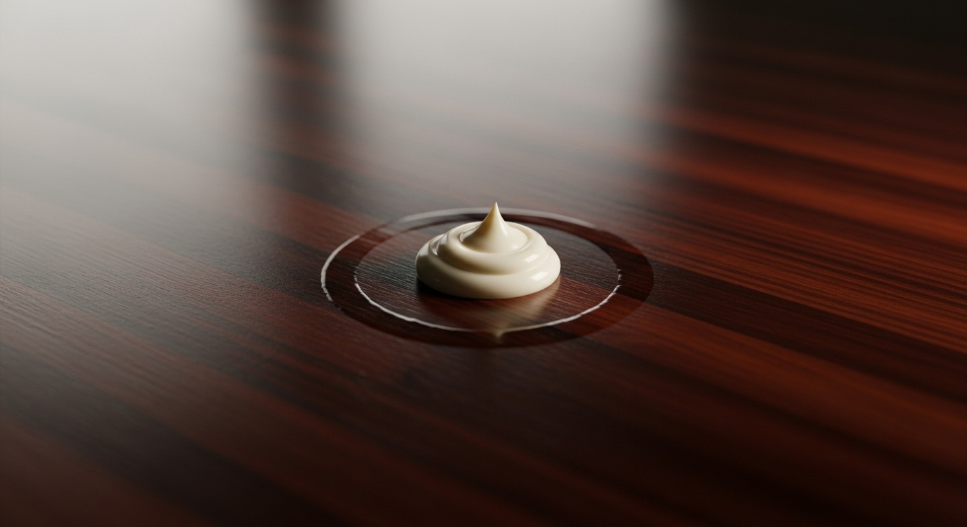 Cận cảnh sốt mayonnaise trên vết ố nước mờ trên mặt bàn gỗ đánh bóng, một mẹo vặt hữu ích giúp loại bỏ vết bẩn cứng đầu.