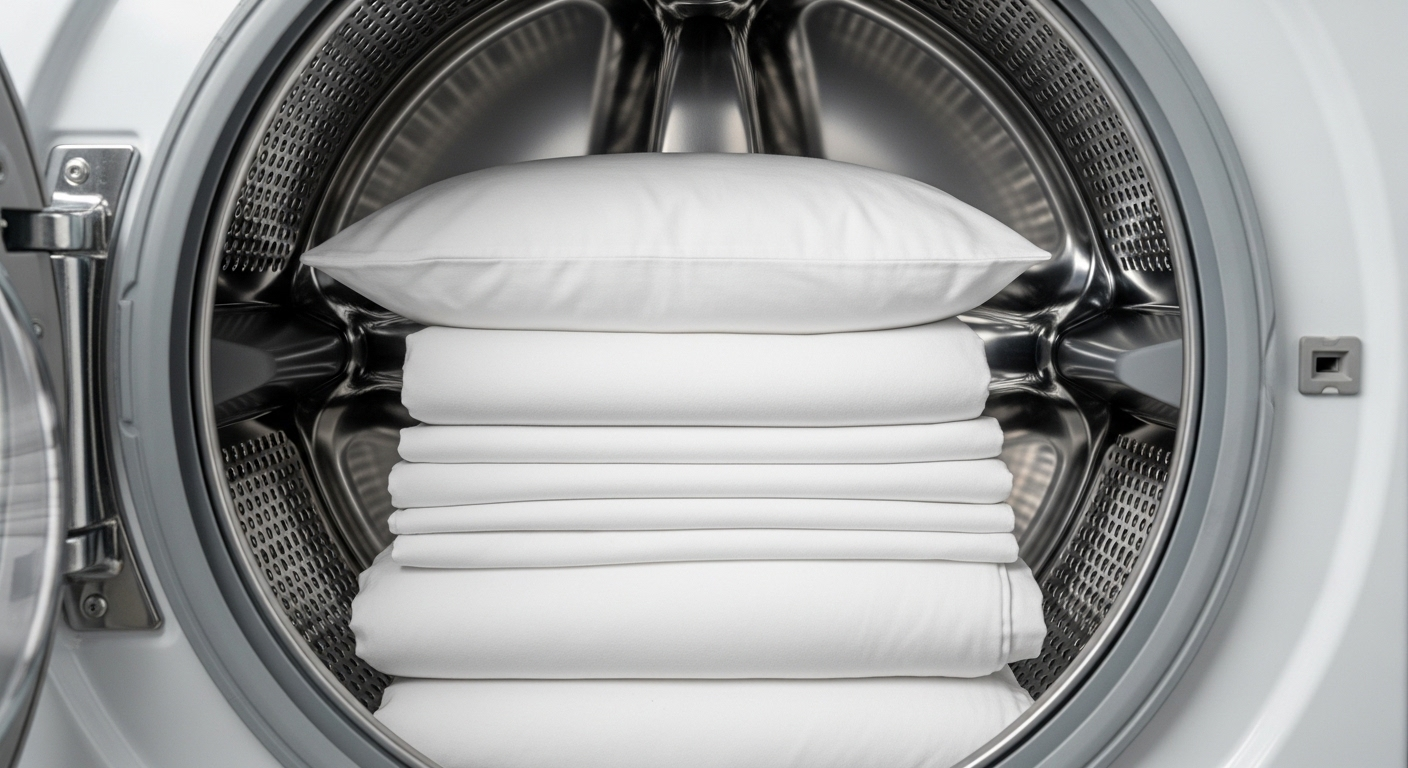 Lồng máy giặt hiện đại mở với bộ ga giường trắng được gấp gọn gàng, thể hiện mẹo vặt nội trợ giúp sắp xếp đồ giặt hiệu quả.