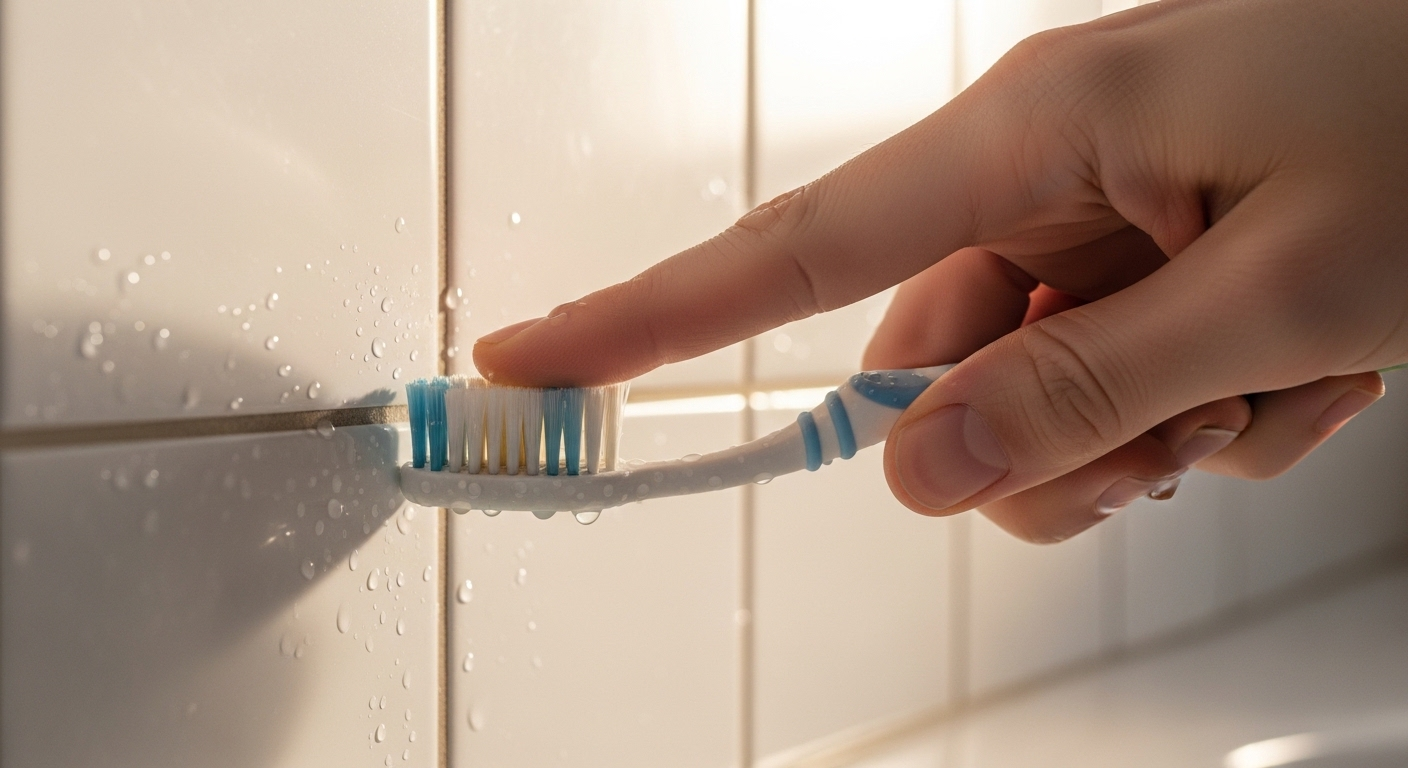 Bàn tay dùng bàn chải cũ chà sạch kẽ gạch men trắng trong phòng tắm, minh họa mẹo vặt tiết kiệm tiền khi vệ sinh nhà cửa.