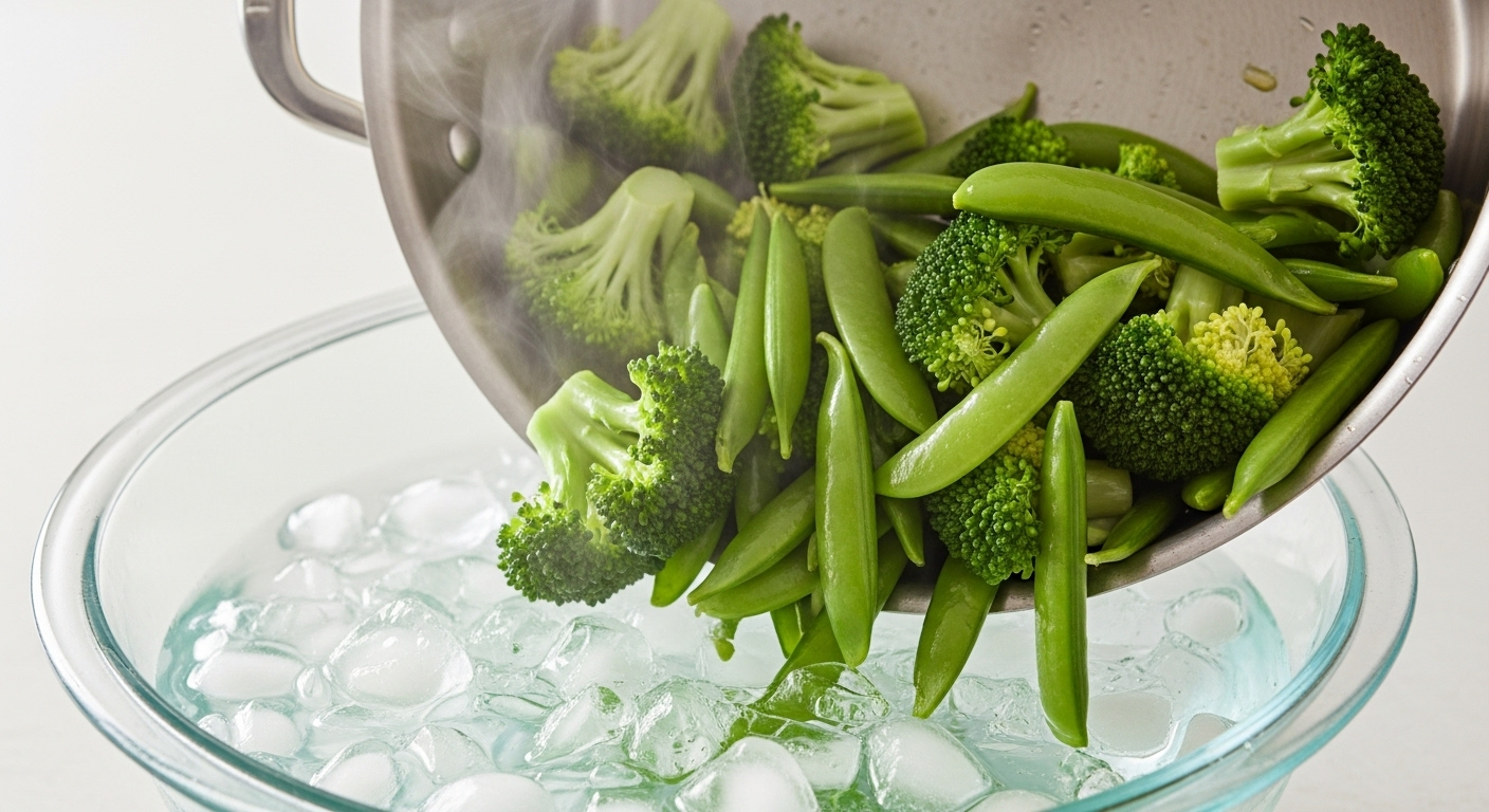 Rau xanh tươi như bông cải, đậu Hà Lan đang được chần và sốc nhiệt tức thì với nước đá. Đây là mẹo vặt nhà bếp giúp giữ rau luôn xanh mướt, giòn ngon.