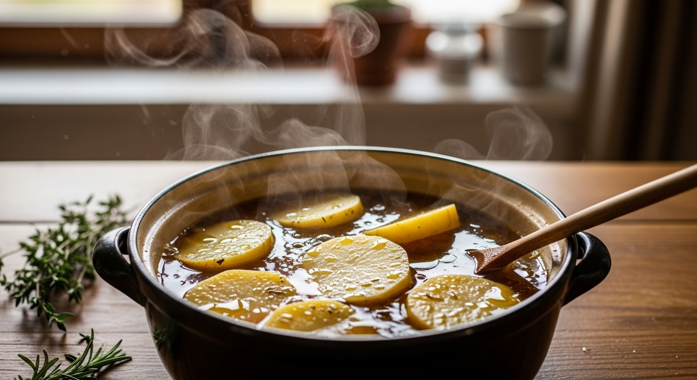 Nồi súp khoai tây vàng óng đang hầm trong bếp, hơi nước nghi ngút, minh họa mẹo vặt nhà bếp cho món ăn giàu dinh dưỡng.