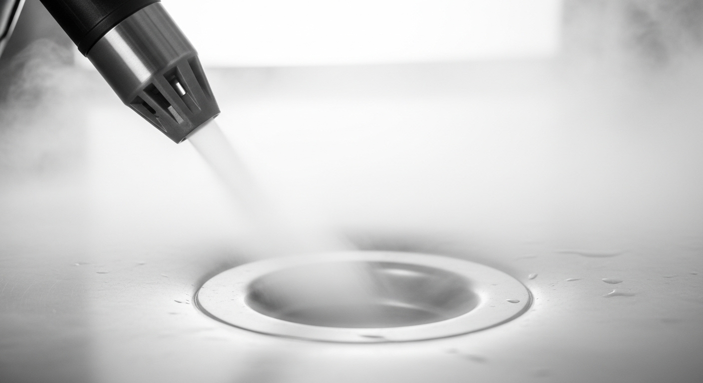 Cận cảnh vòi phun hơi nước mạnh mẽ đang làm sạch lỗ thoát nước bồn rửa kim loại sáng bóng, minh họa một cách thông cống nghẹt hiệu quả bằng hơi nước.