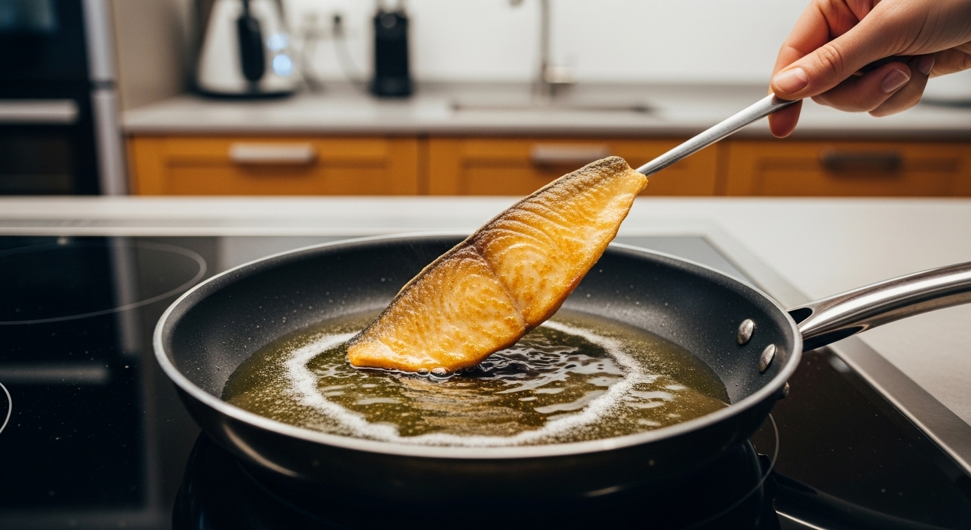 Phi lê cá vàng ươm được nhẹ nhàng đặt vào chảo dầu nóng, minh họa mẹo vặt nhà bếp chiên cá giòn ngon trong căn bếp hiện đại.