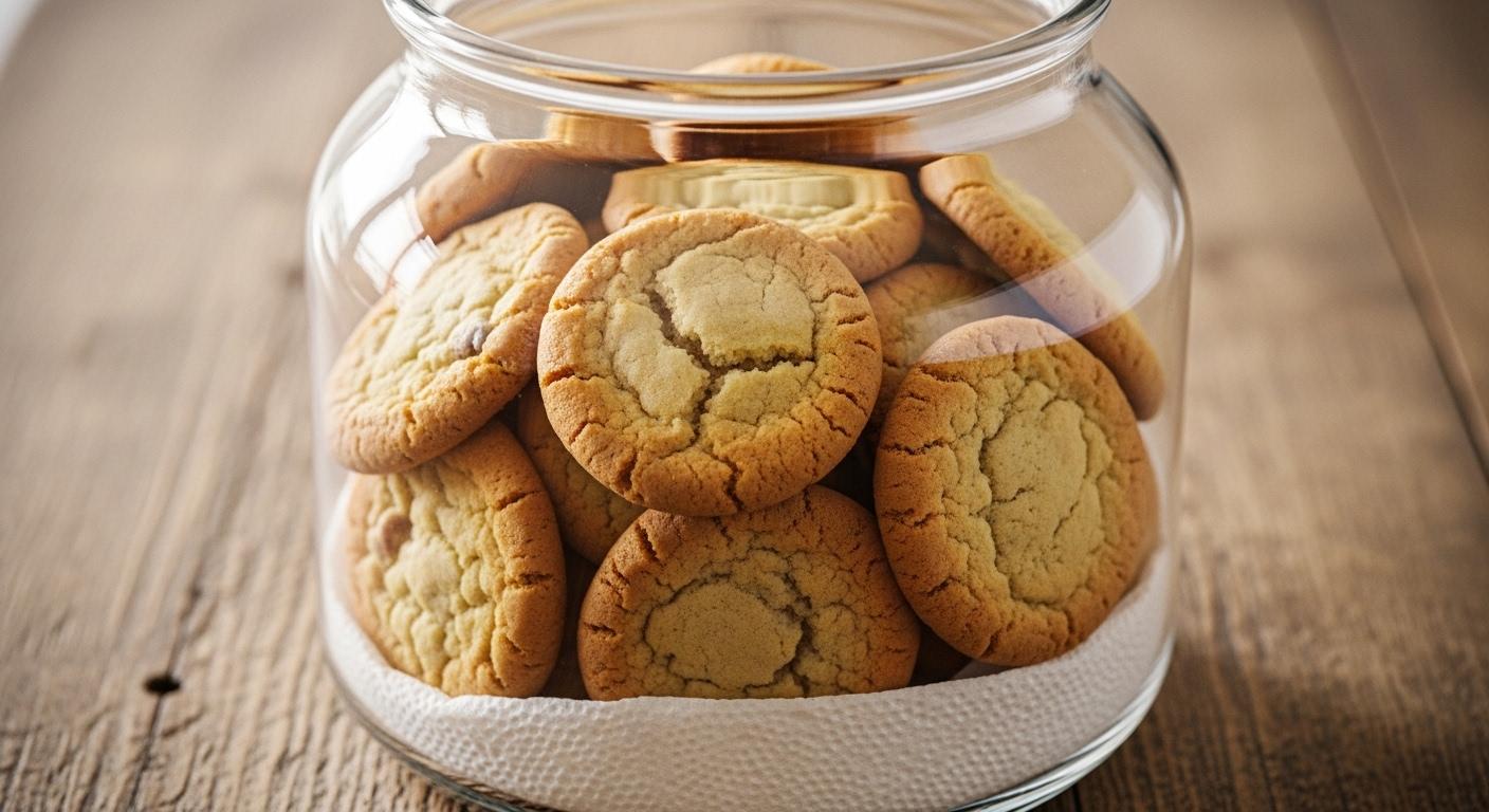 Lọ bánh quy thủy tinh đầy ắp bánh vàng ươm, có giấy thấm trắng lót đáy – một mẹo vặt nhà bếp giúp bảo quản bánh. Đặt trên bàn gỗ mộc.