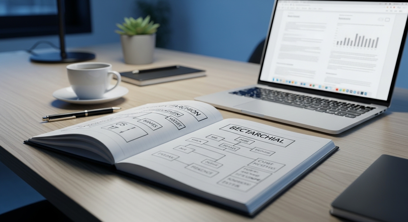 Bàn văn phòng hiện đại với sổ tay có dàn ý phân cấp và laptop hiển thị tài liệu số. Mọi thứ được chuẩn bị tỉ mỉ, không phải 