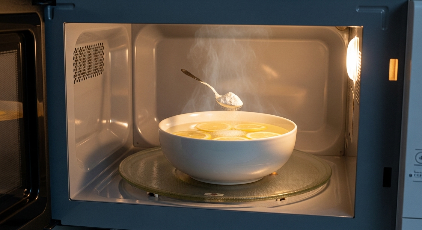 Bát nước chanh và baking soda đang bốc hơi bên trong lò vi sóng hiện đại, giúp làm sạch và khử mùi hiệu quả.