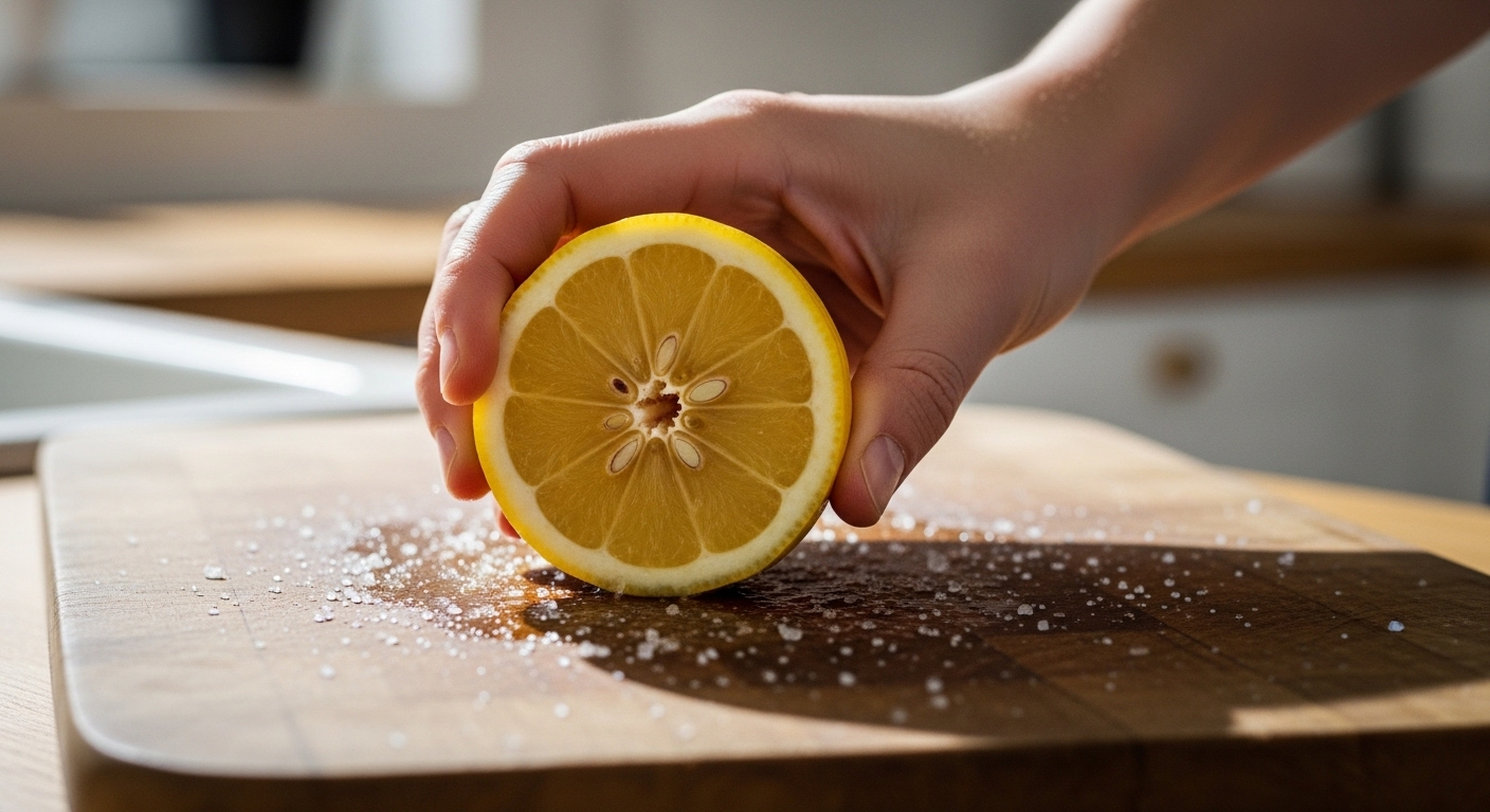 Một bàn tay đang dùng nửa quả chanh và muối chà rửa thớt gỗ trên quầy bếp sạch sẽ, minh họa mẹo vặt nhà bếp tự nhiên để vệ sinh và khử mùi thớt hiệu quả.