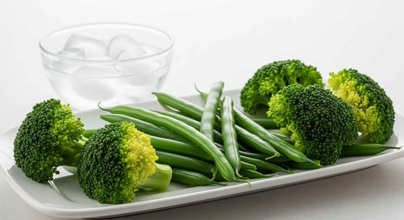 Đĩa rau xanh hấp (bông cải xanh, đậu que) tươi roi rói, giòn tan nhờ áp dụng mẹo vặt nhà bếp làm lạnh sốc với nước đá.