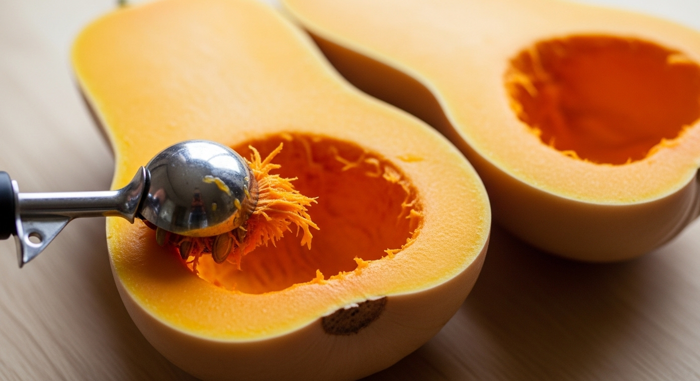 Cận cảnh bí đỏ bổ đôi, dùng muỗng kem nạo sạch hạt và xơ bên trong. Một mẹo vặt nhà bếp hiệu quả giúp chuẩn bị bí đỏ nhanh chóng, đặt trên nền gỗ sáng tự nhiên.