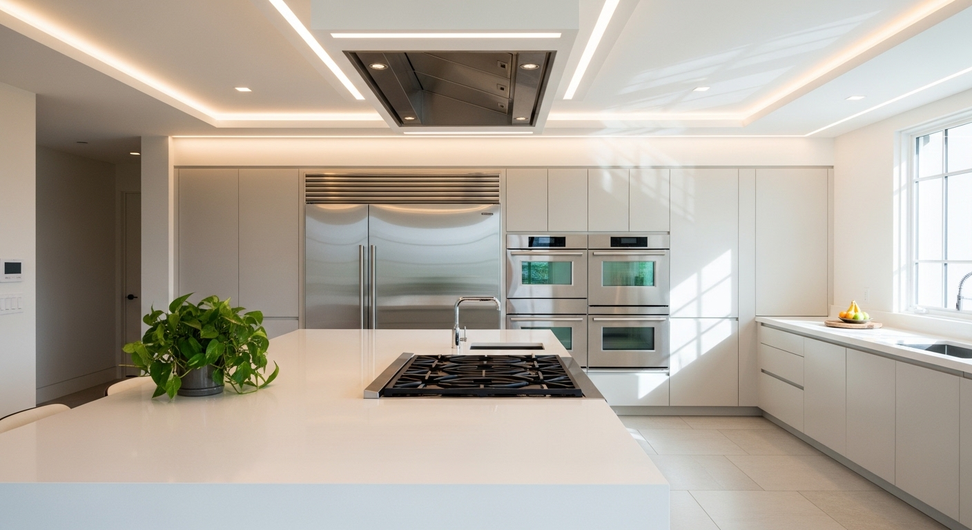 Căn bếp hiện đại, sạch sẽ tinh tươm với mặt bàn trắng sáng và bếp thép không gỉ bóng loáng, thể hiện hiệu quả của các cách làm sạch dầu mỡ đúng cách.