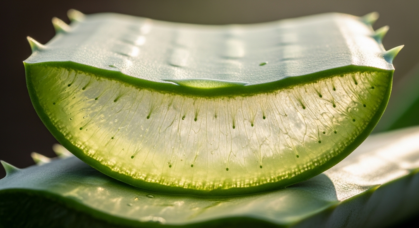Cận cảnh lá nha đam tươi mới cắt, gel trong suốt óng ánh. Nguyên liệu tuyệt vời cho các mẹo vặt nội trợ tại nhà.