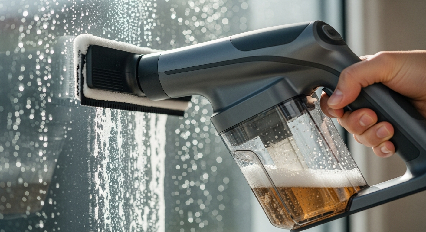 Thiết bị hút nước cửa sổ cầm tay hiện đại đang làm sạch cửa sổ hiệu quả, hút nước và dung dịch tẩy rửa từ bề mặt kính, với lưỡi gạt cao su và bình chứa chất lỏng.