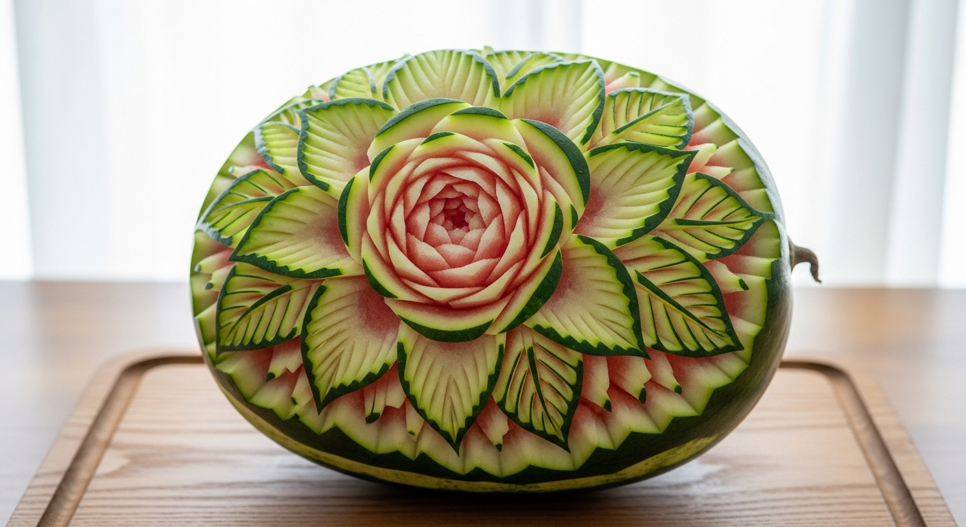 Tác phẩm điêu khắc dưa hấu xanh hình hoa tinh xảo, một mẹo vặt nội trợ sáng tạo để trang trí bàn tiệc đẹp mắt.