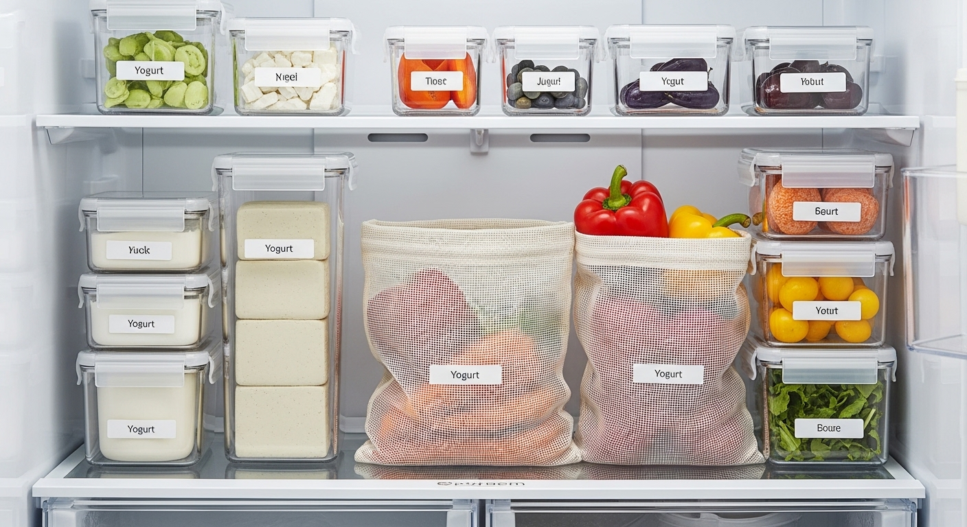 Hình ảnh tủ lạnh được sắp xếp gọn gàng, khoa học, minh họa rõ ràng cách sắp xếp tủ lạnh hiệu quả với thực phẩm trong hộp trong suốt và túi lưới bảo quản rau củ tươi ngon.
