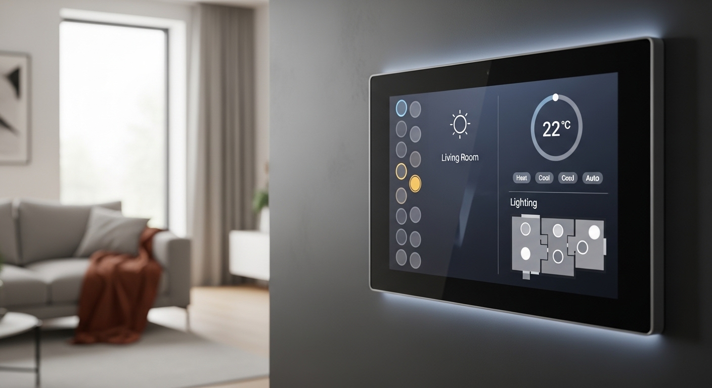 Cận cảnh bảng điều khiển nhà thông minh tối giản, tích hợp liền mạch vào tường, hiển thị giao diện điều khiển chiếu sáng và khí hậu trong phòng khách hiện đại mờ. Không có nội dung bài viết để phân tích. Cận cảnh bảng điều khiển nhà thông minh tối giản, tích hợp liền mạch vào tường, hiển thị giao diện điều khiển chiếu sáng và khí hậu trong phòng khách hiện đại mờ. Không có nội dung bài viết để phân tích.