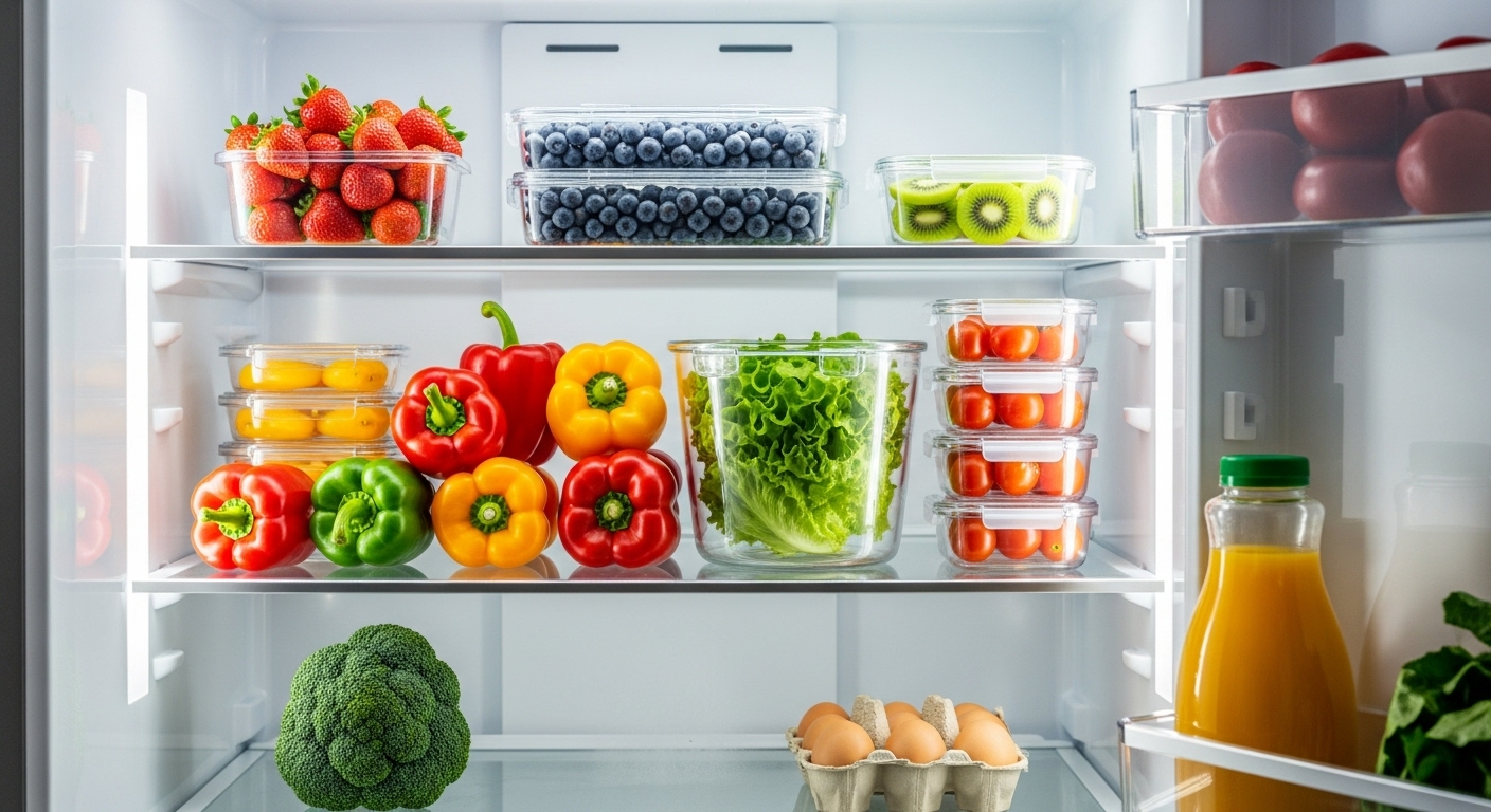 Bên trong tủ lạnh mở sạch tinh tươm, sắp xếp ngăn nắp với rau củ tươi đầy màu sắc trong hộp trong suốt. Hình ảnh minh họa hiệu quả của các mẹo dọn nhà giữ không gian luôn gọn gàng và sạch sẽ.