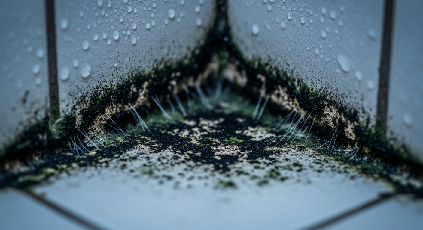 Cận cảnh ron gạch bám nấm mốc đen xanh sâu trong góc ẩm nhà tắm, minh họa tình trạng cần vệ sinh ron gạch.