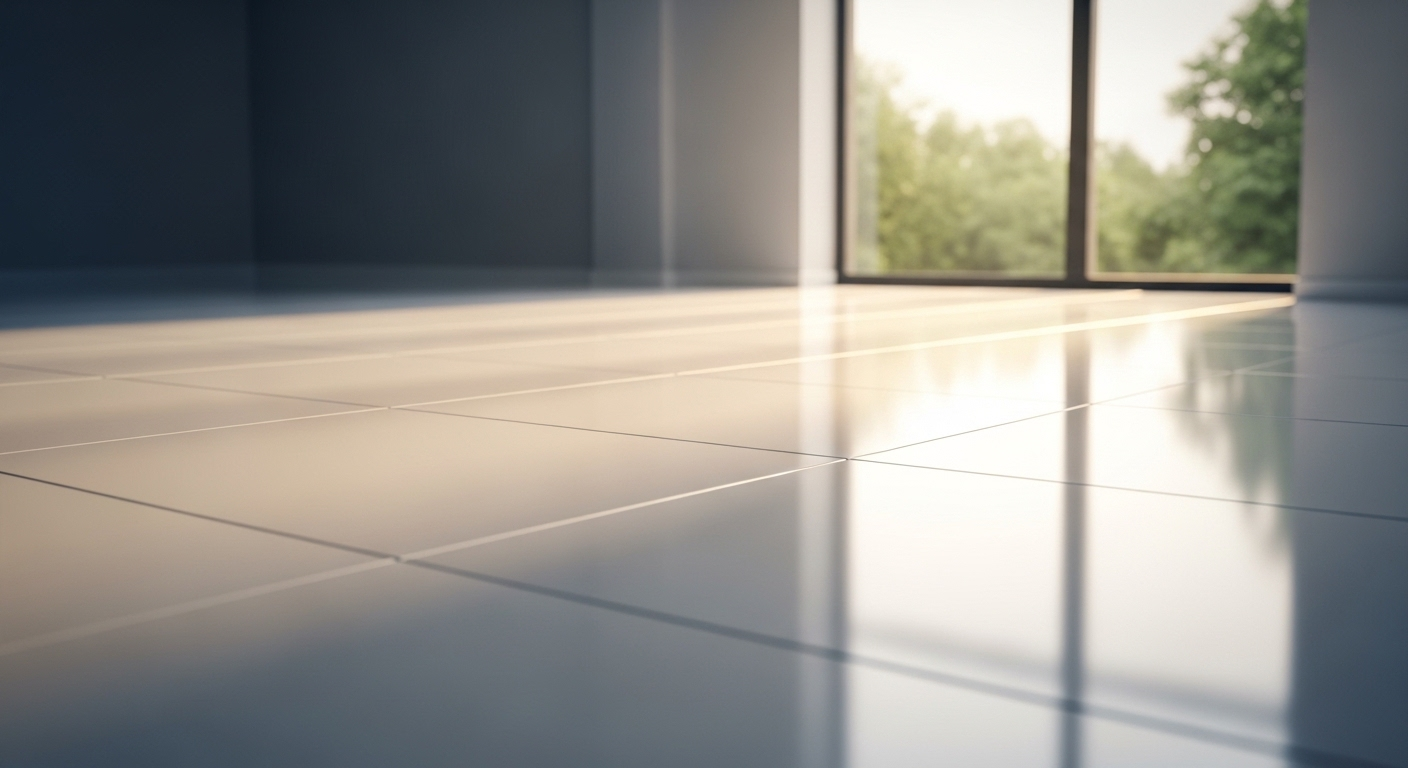 Sàn gạch sứ trắng tinh, sạch bóng loáng phản chiếu ánh sáng tự nhiên từ cửa sổ lớn. Một minh chứng hoàn hảo cho cách lau nhà nhanh và sạch.