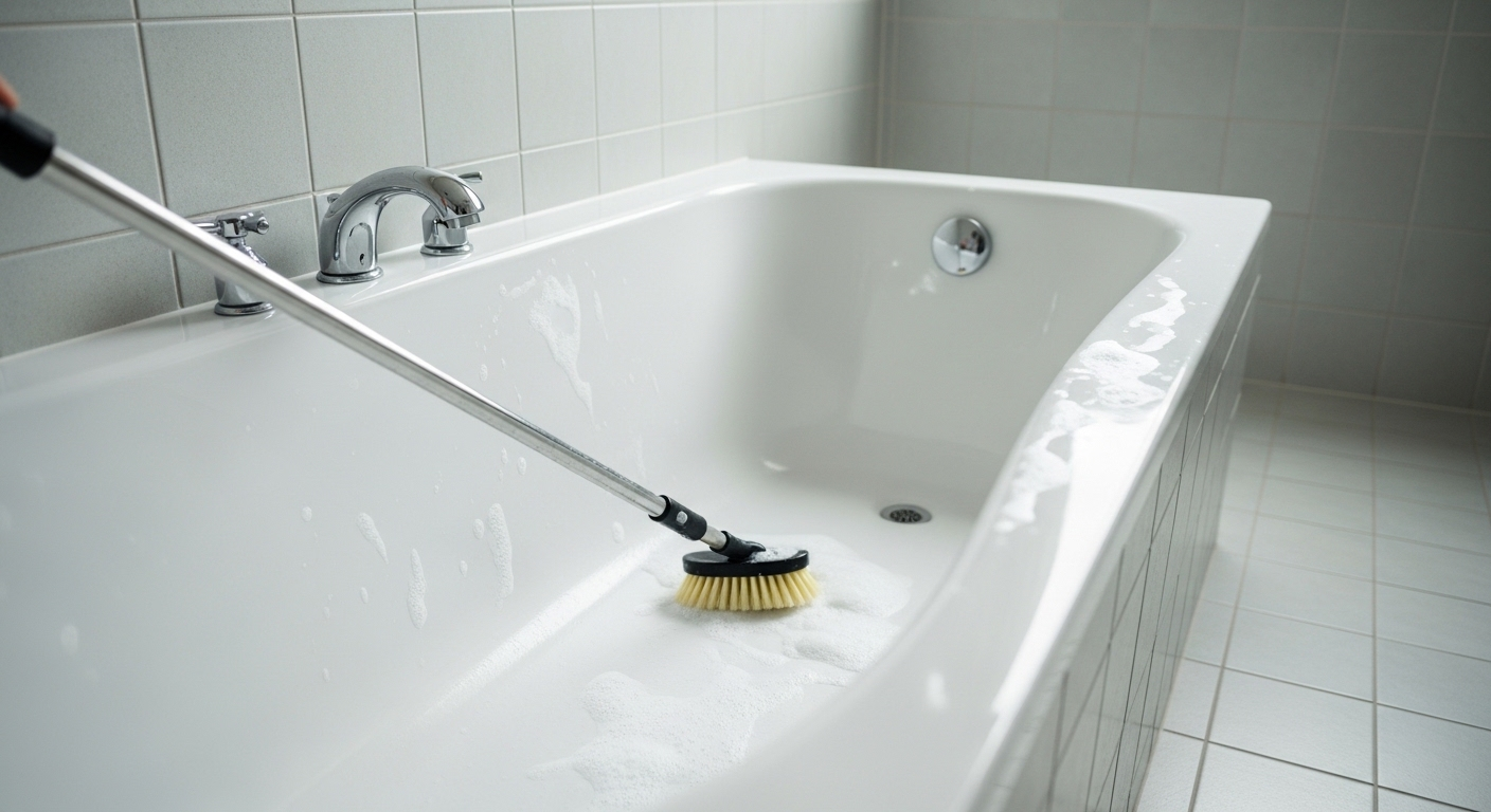 Bàn chải đang cọ rửa bồn tắm sứ trắng với bọt làm sạch. Mẹo làm sạch nhà cửa hiệu quả cho phòng tắm luôn sáng bóng.