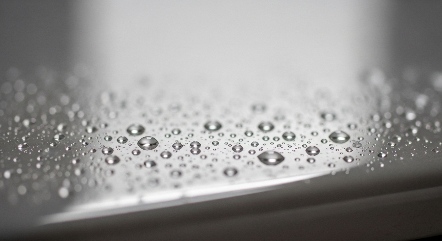 Cận cảnh bề mặt gạch men sáng bóng, long lanh những giọt nước li ti, minh chứng cho hiệu quả của mẹo lau nhà sạch.