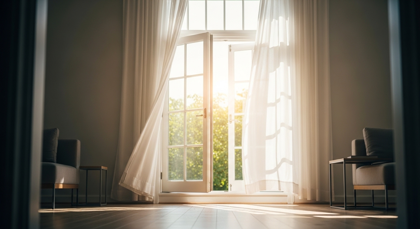 Căn phòng sáng bừng, thoáng đãng với cửa sổ mở đón nắng và gió, rèm trắng bay nhẹ. Một không gian trong lành, gợi ý mẹo dọn dẹp nhà cửa hiệu quả.