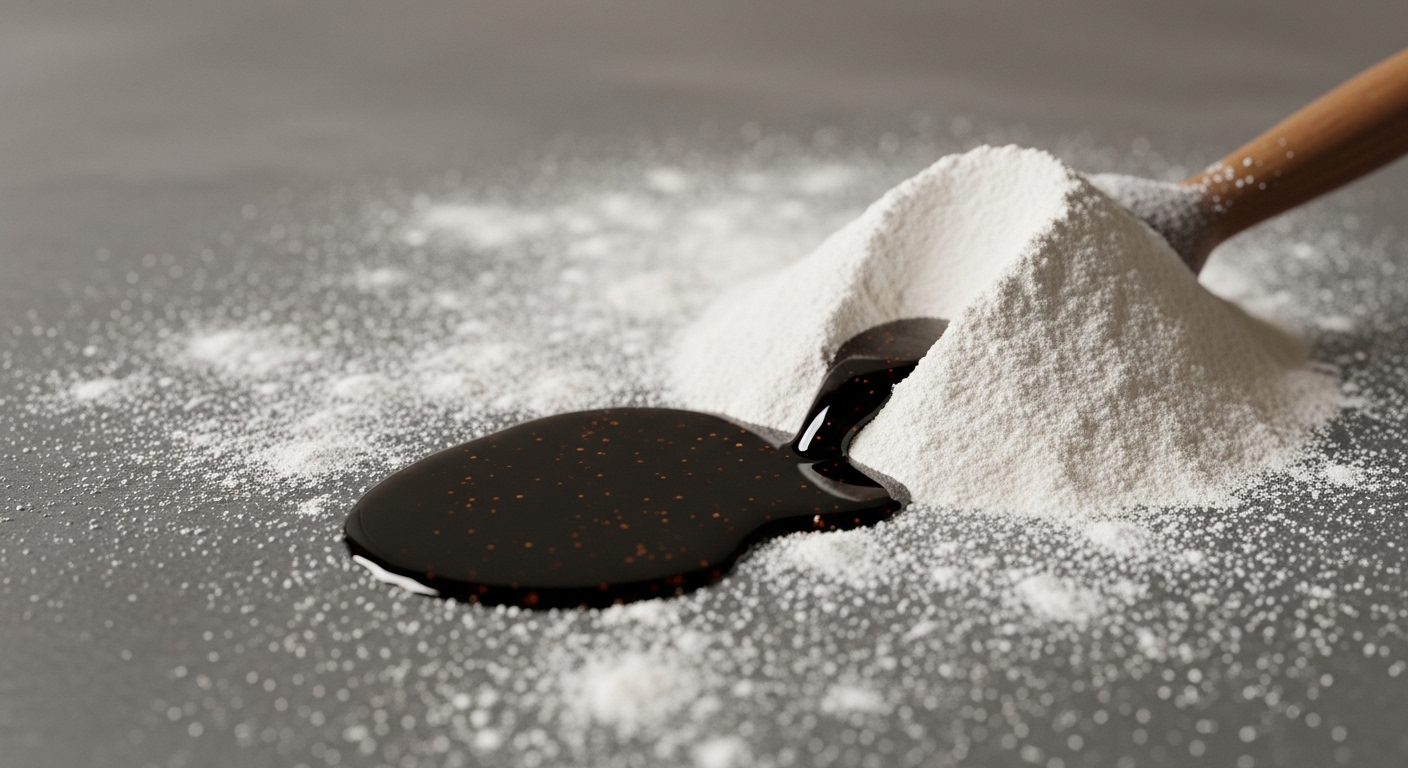 Bột mì trắng thấm hút vết dầu đổ trên sàn bếp, minh họa mẹo hiệu quả trong cách lau nhà sạch bóng cho mọi gia đình.