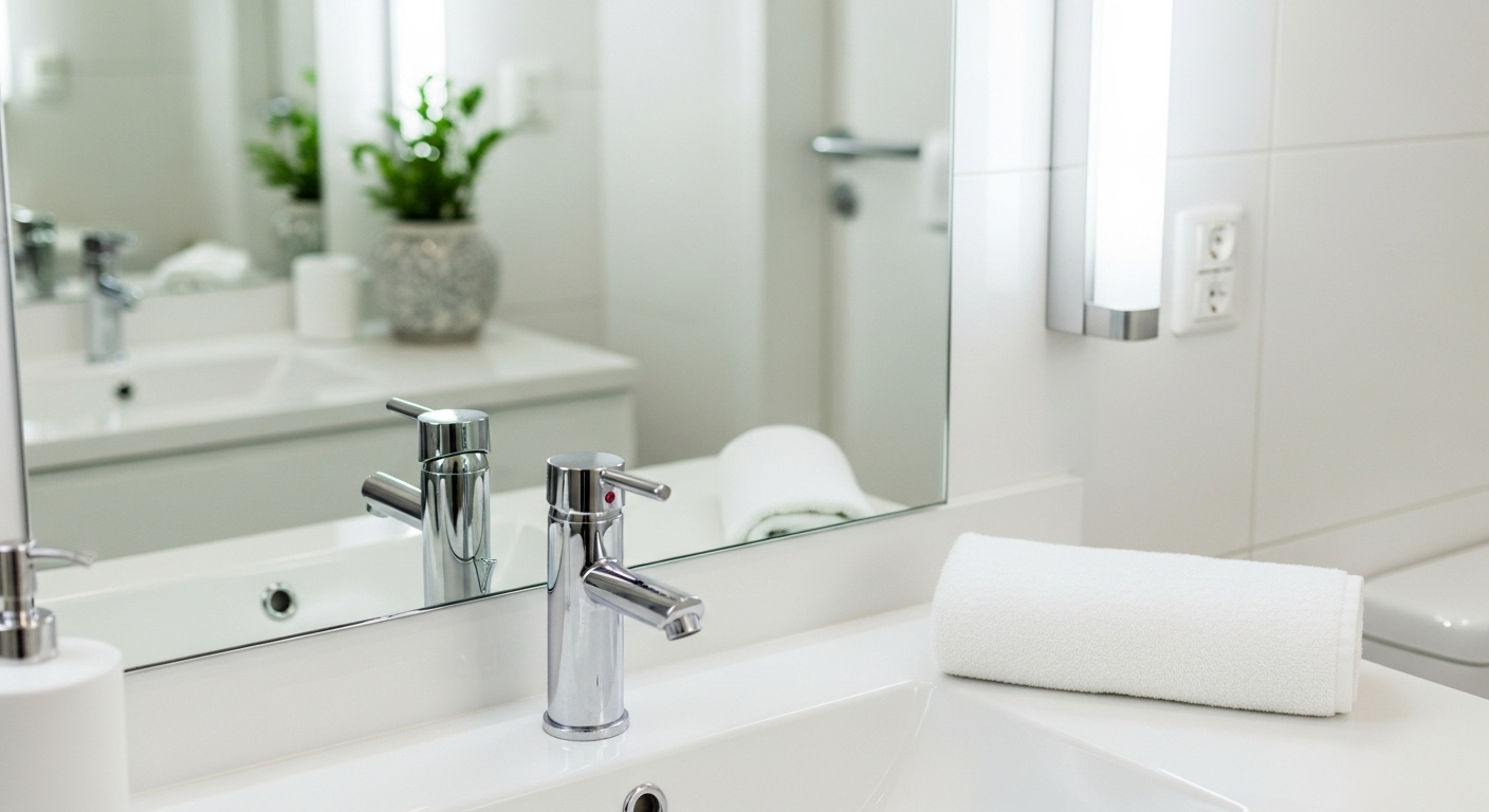 Gương phòng tắm sạch bóng không tì vết, phản chiếu bồn rửa và vòi nước sáng loáng, minh chứng cho hiệu quả của cách dọn dẹp nhà cửa kỹ lưỡng.