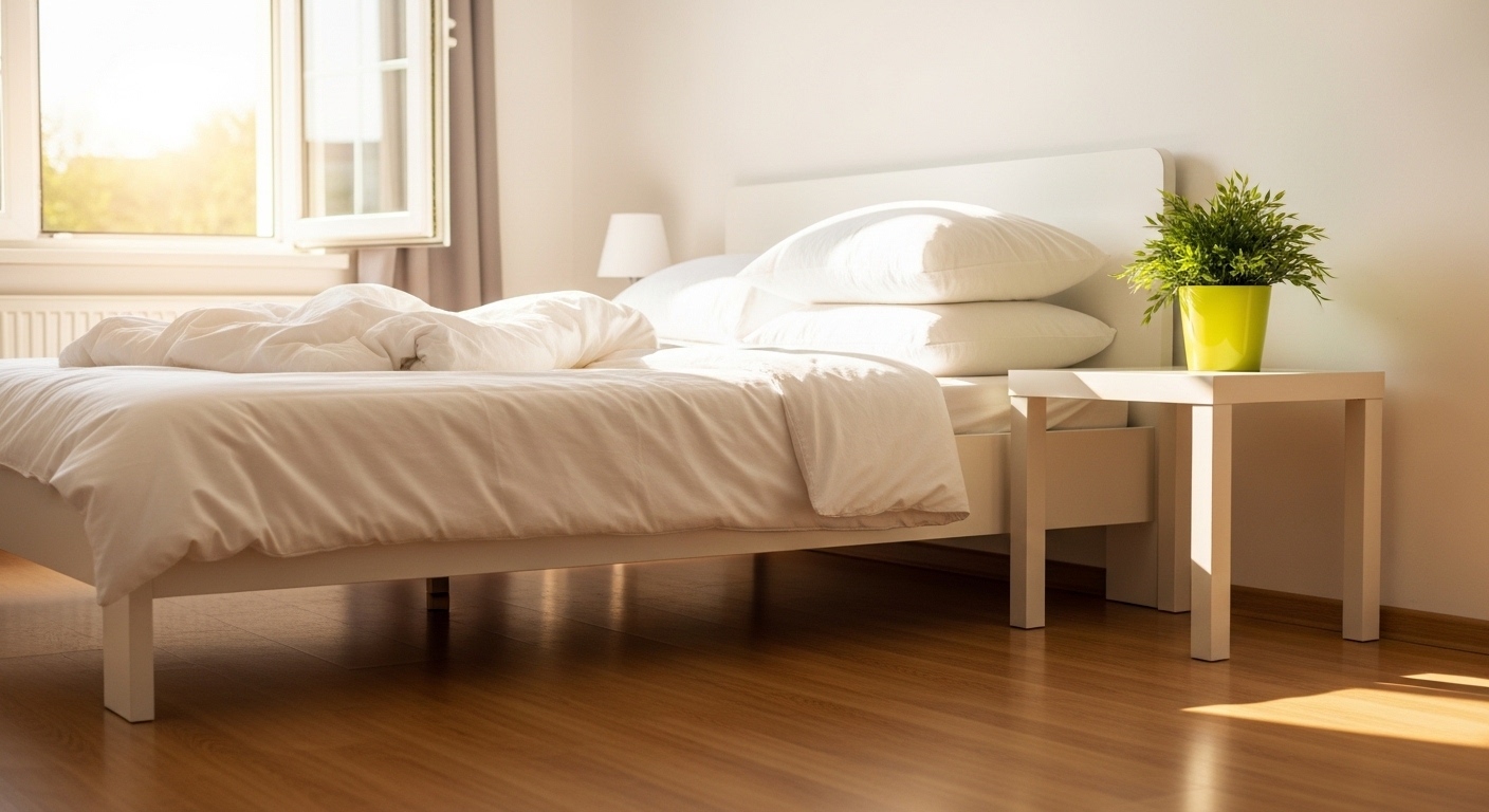 Phòng ngủ sáng sủa, sạch đẹp với giường ga trắng tinh, cây xanh, ánh nắng ban mai. Không gian lý tưởng sau khi dọn nhà đón Tết.