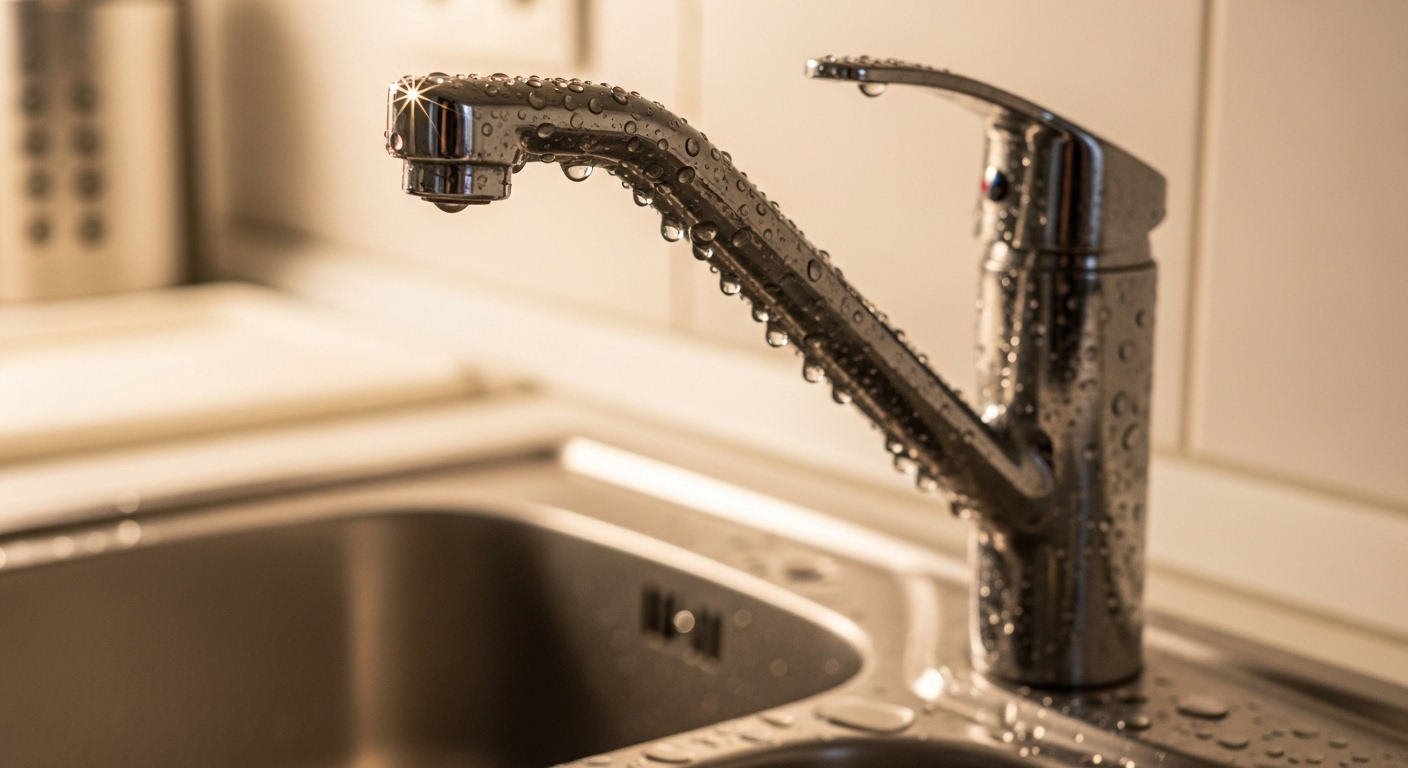 Cận cảnh vòi nước và bồn rửa chén inox sáng bóng, sạch bong với giọt nước long lanh, minh chứng cho các mẹo vặt dọn nhà ngày Tết hiệu quả.