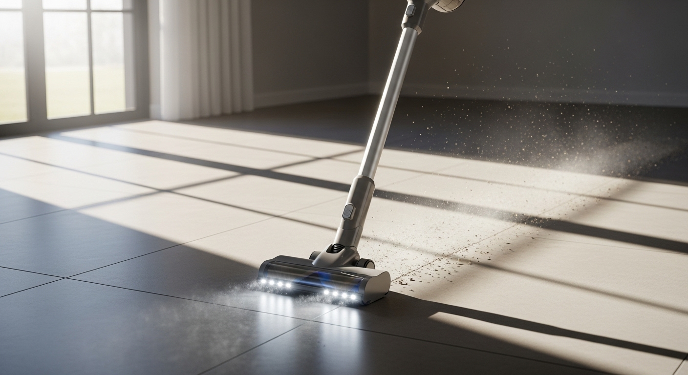 Máy hút bụi không dây hiện đại đang vệ sinh sàn gạch, loại bỏ bụi bẩn hiệu quả trong căn phòng tràn ngập ánh sáng tự nhiên.