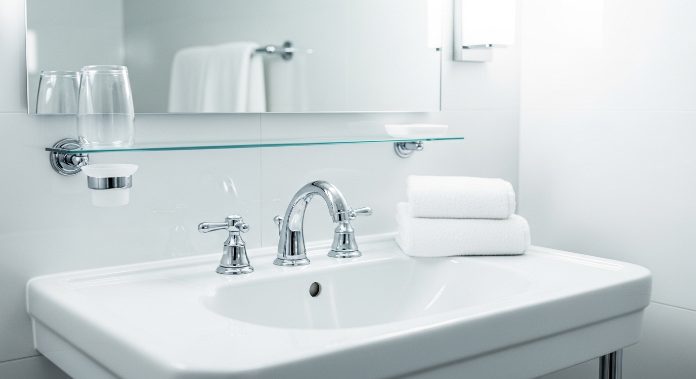 Phòng tắm sáng bóng với bồn rửa trắng tinh, vòi chrome, gương trong và khăn sạch, là minh chứng cho hiệu quả của mẹo dọn dẹp nhà cửa nhanh chóng.