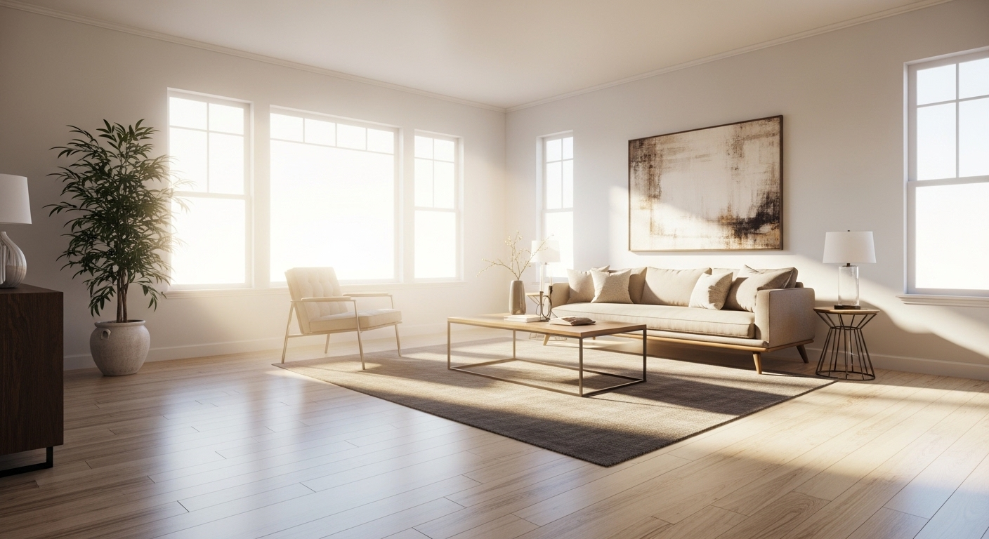 Phòng khách sạch sẽ, sáng bừng với sàn gỗ bóng loáng phản chiếu ánh sáng tự nhiên. Nội thất tối giản gọn gàng, tạo không gian thoáng đãng, hoàn hảo sau khi dọn nhà đón Tết.