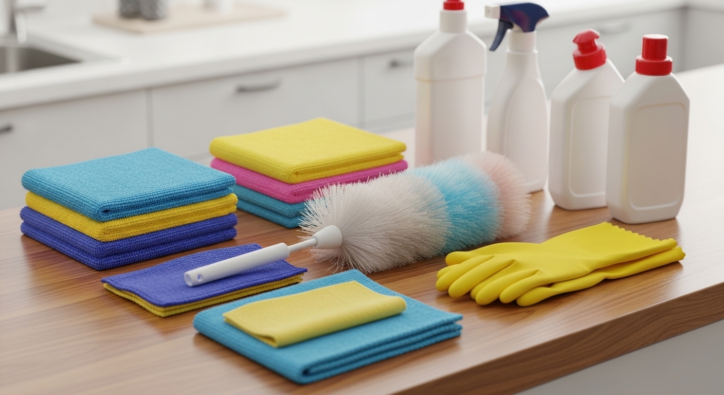 Bộ dụng cụ dọn dẹp nhà cửa (khăn microfiber, chổi tĩnh điện, găng tay, nước tẩy rửa) được sắp xếp gọn gàng trên bàn gỗ, hỗ trợ tối ưu cho các mẹo vặt dọn dẹp nhà cửa hiệu quả.