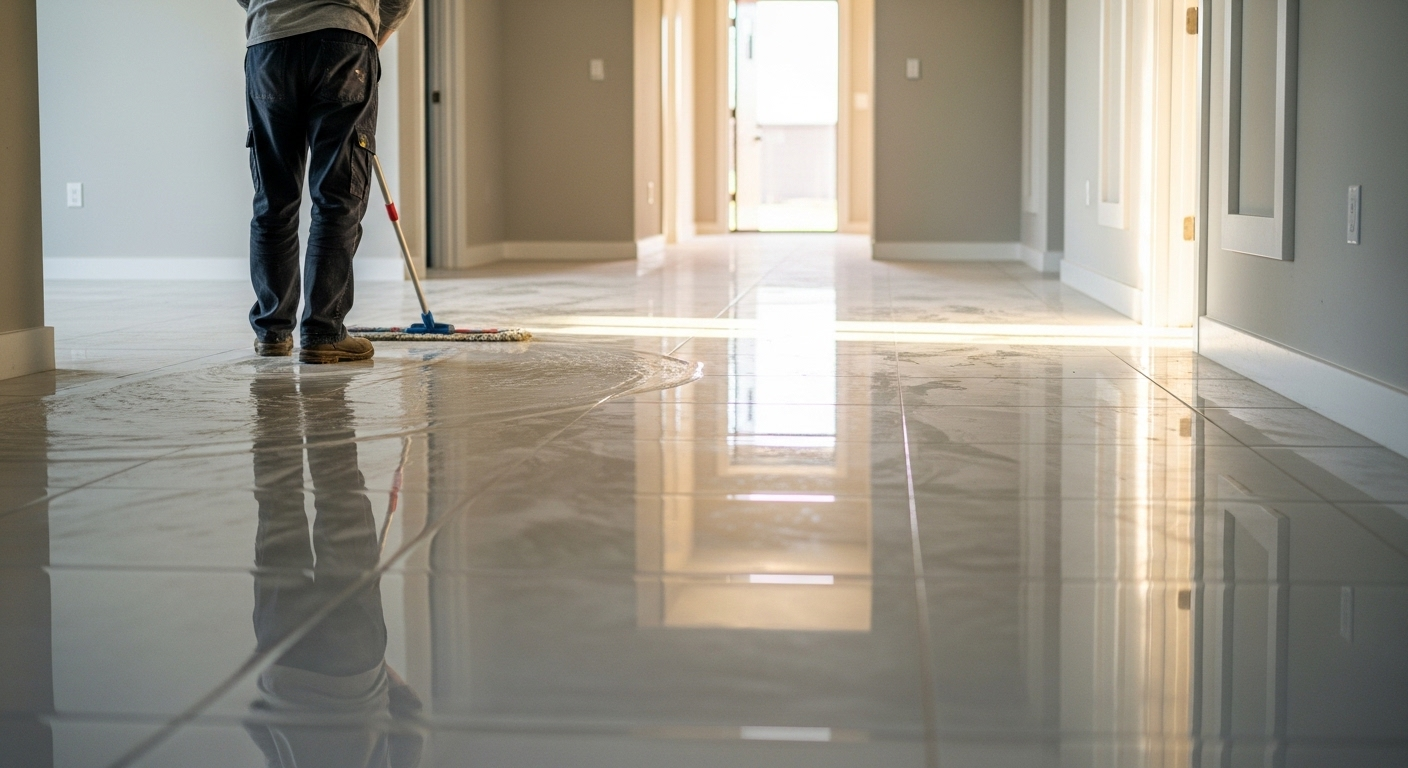 Cảnh một người đang lau sàn gạch bóng loáng trong hành lang trống của nhà mới, minh họa cách dọn dẹp và vệ sinh nhà mới sạch đẹp, với ánh sáng tự nhiên phản chiếu lung linh.