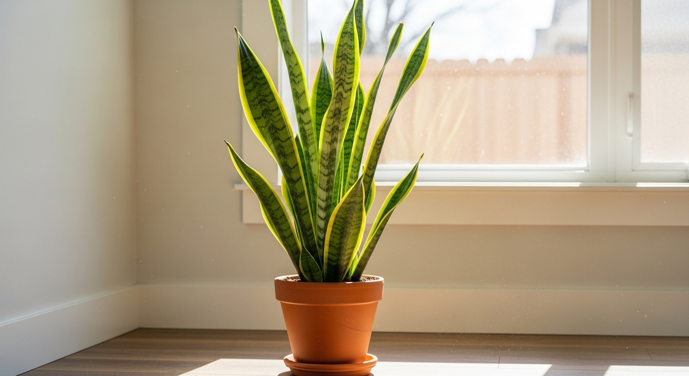 Cây lưỡi hổ xanh vàng tươi tốt trong chậu đất nung, đặt cạnh cửa sổ đầy nắng. Đây là mẹo giữ nhà sạch lâu hiệu quả, giúp thanh lọc không khí tự nhiên cho không gian sống.